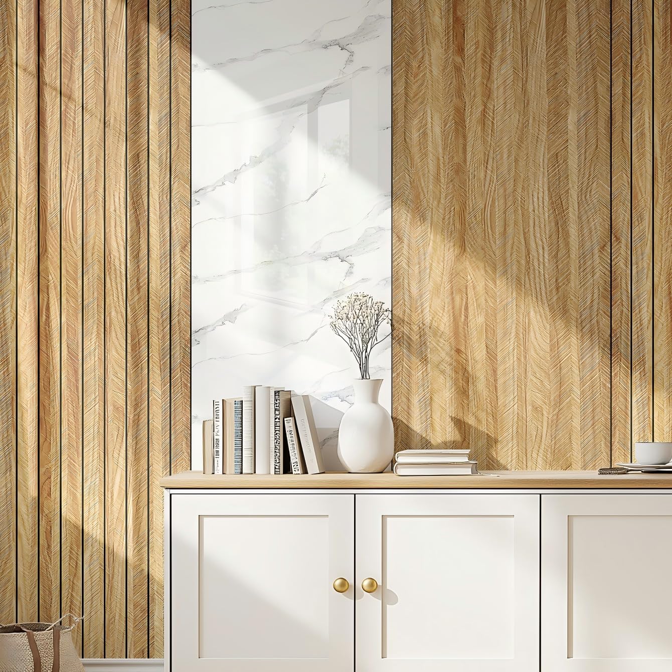 4-in-1 Wall & Ceiling Decoration Kit: Wood Grain 3D PVC Panels, Marble Wall Panel, Metallic Glossy Trim - Soundproof, Moisture Resistant, Self-Adhesive, Removable, 15.75"x118"