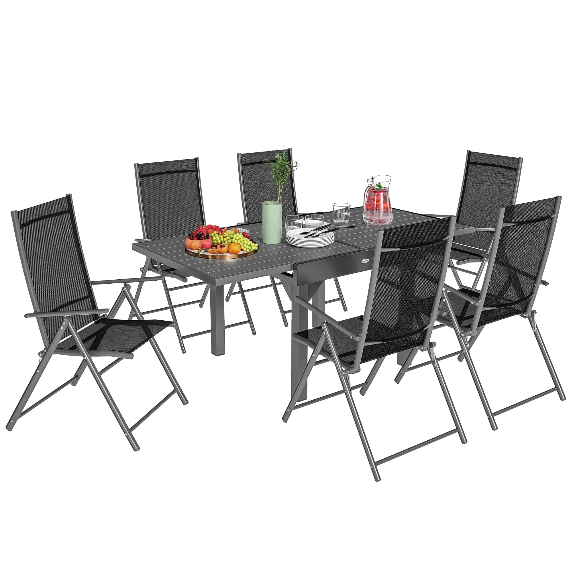 Outsunny Set Tavolo da Giardino con Sedie da 7 Pezzi 90/180cm Grigio e Nero | Set da Pranzo, Tavolo Allungabile, 6 Sedie da Esterno Pieghevoli con Braccioli, Mobili, Acciaio e Textilene