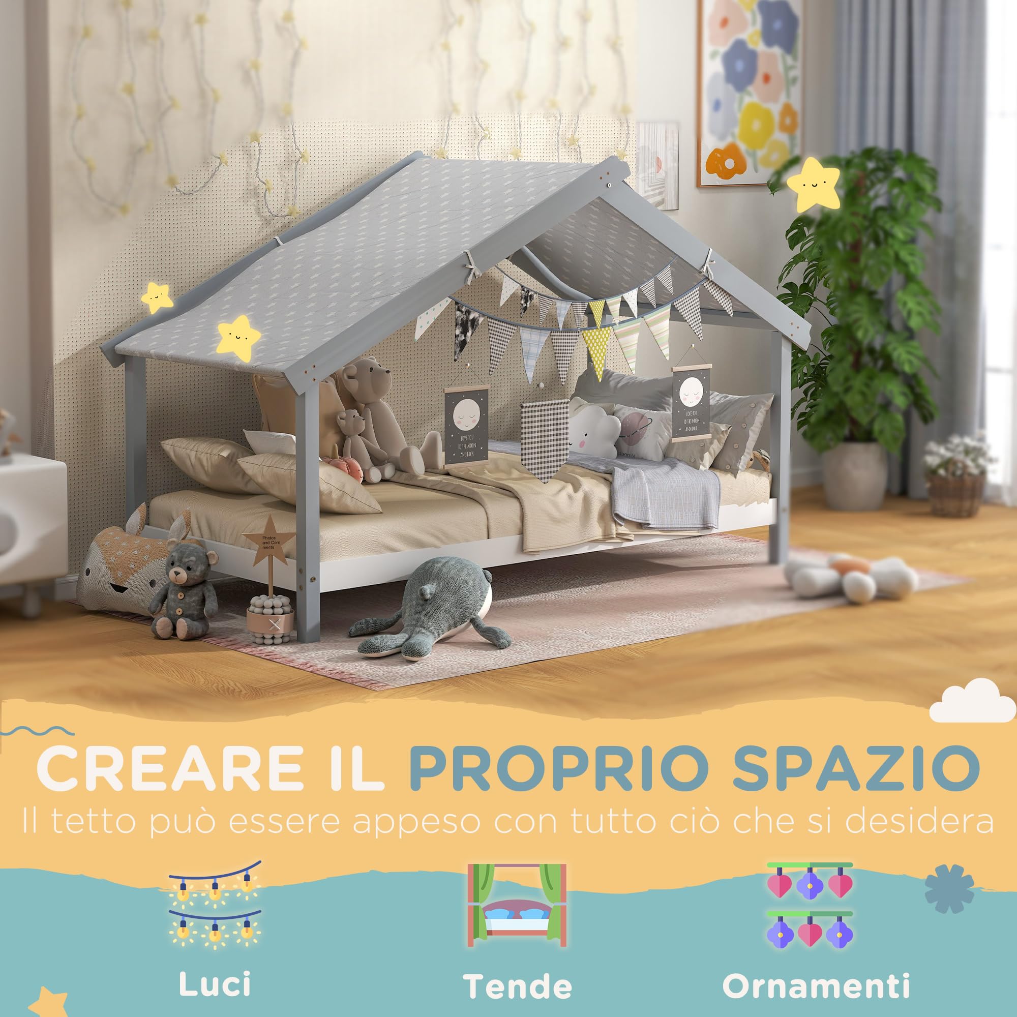 HOMCOM Letto Montessori per bambini a Casetta con Tetto Stellato, Letto per Bambini 90x190 cm per Cameretta con Struttura in Legno di Pino, 15 Doghe e Barriere di Protezione, Grigio
