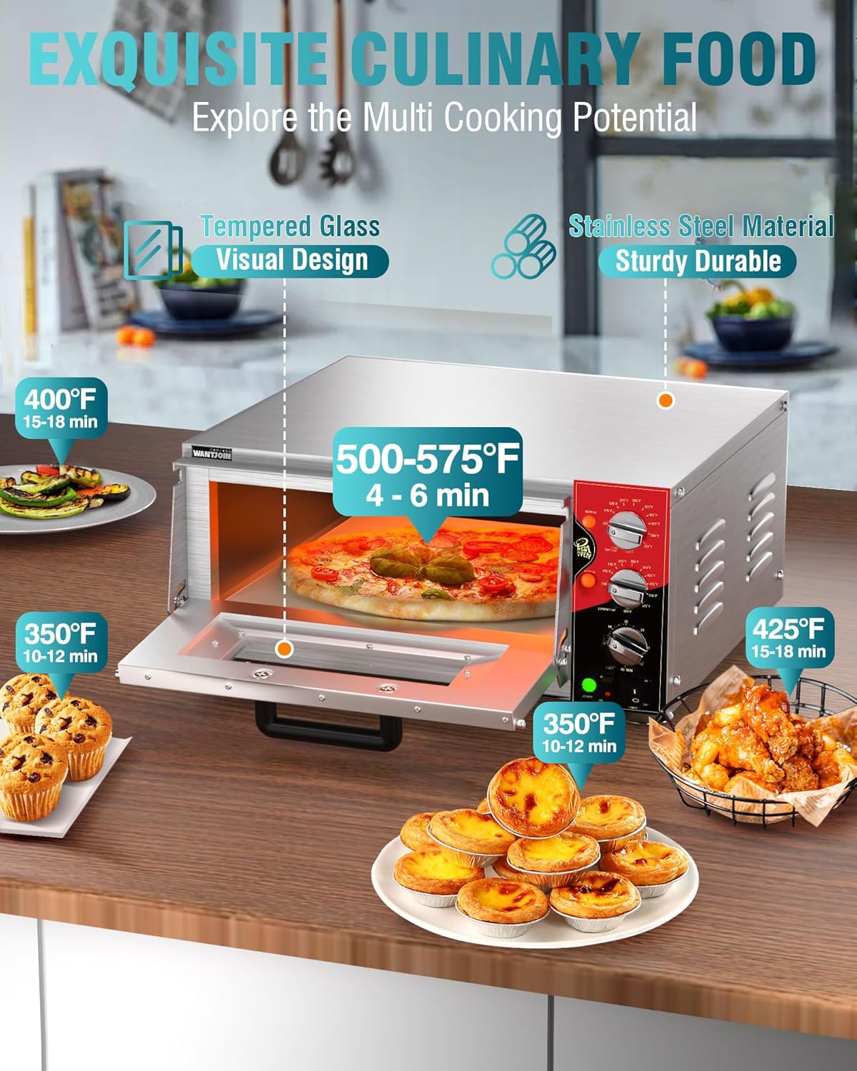 Size 16 color silver WantJoin 16 Inch Indoor Pizza Oven Countertop - ETL Listed, Electric Pizza Ovens with Pizza Stone, 60-Min Ring Timer, for Home and Restaurant, 1600W