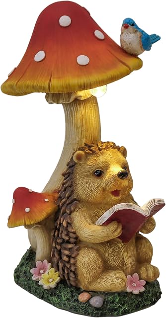 TERESA'S COLLECTIONS Hedgehog Garden Ornaments with Solar Lights, Waterproof Resin Mushroom Garden Statue Outdoor Figurines for Garden Gift Patio Lawn Yard Autumn Decorations, 25.5cm