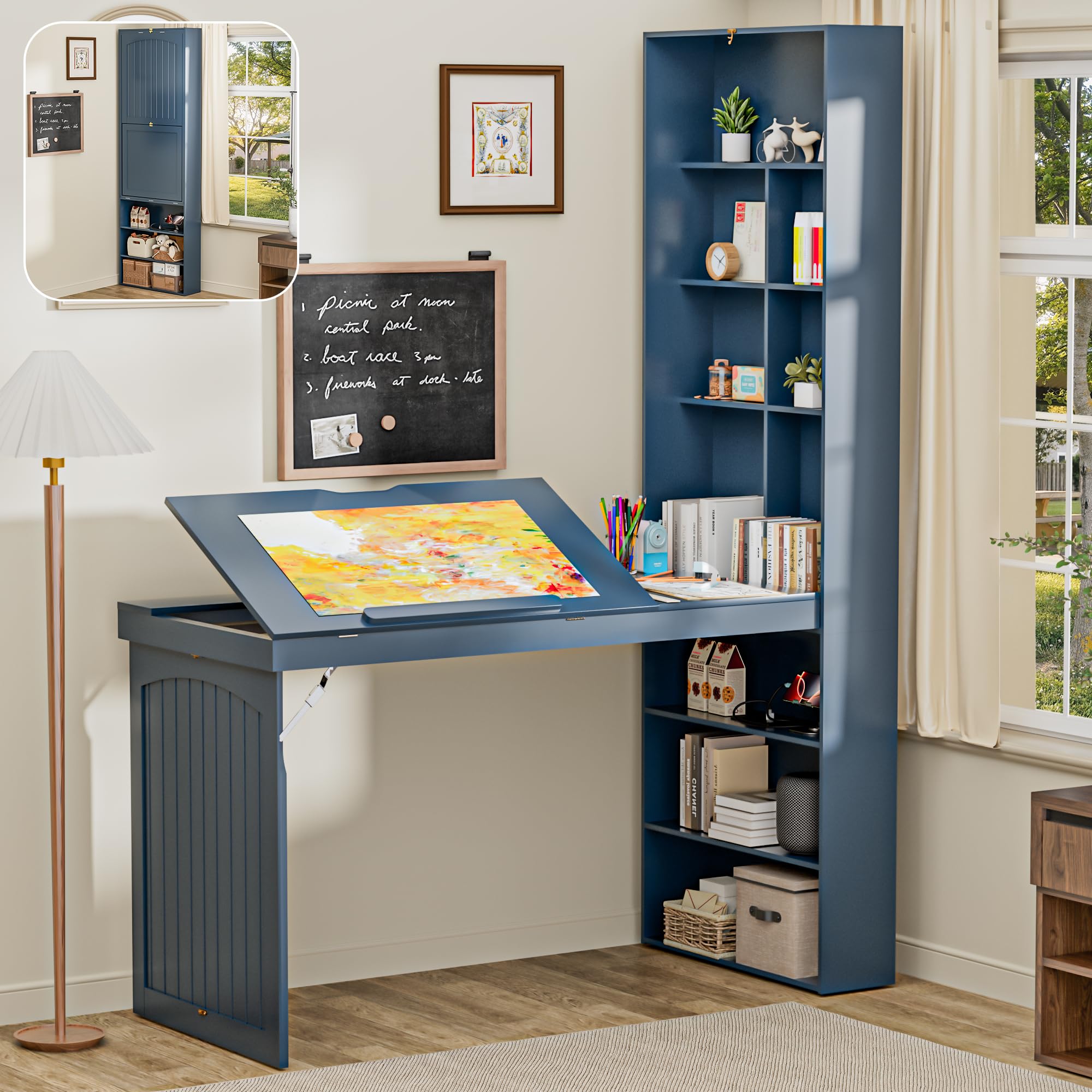 Foldable Drafting Table Desk, Space-Saving Folding Craft Table with Storage
