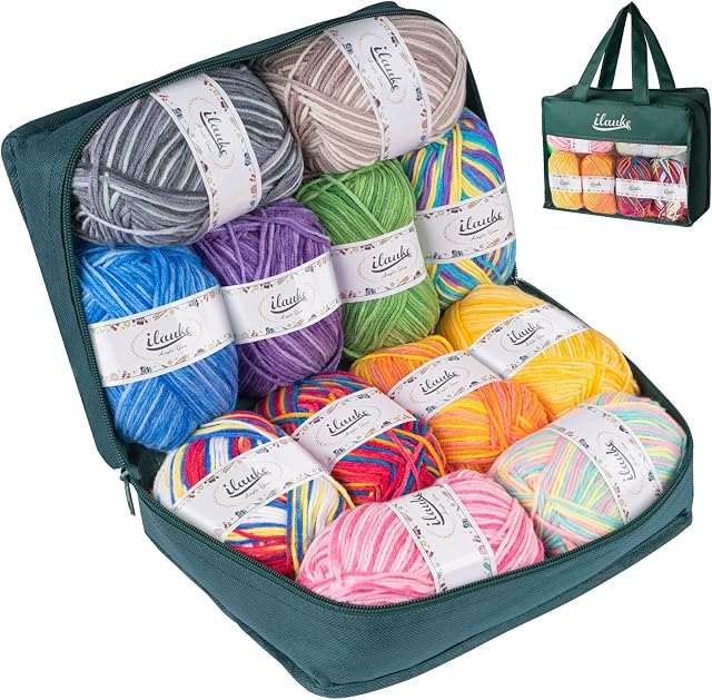 ilauke Crochet Yarn,Knitting Wool Yarn for Crochet(12 * 50g),Colorful Double Knitting Acrylic Yarn for DIY Knitting Craft and Crochet Project(Multi-Colored,4-Ply)