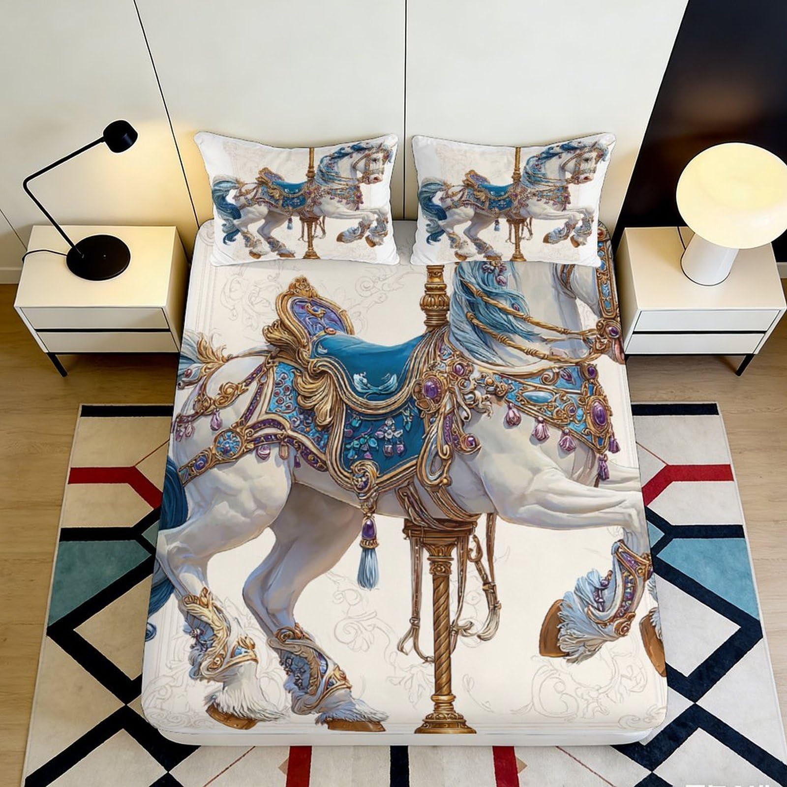 3D Printed Carousel Horse Fitted Sheet Microfiber Soft Gold Blue Baroque Bed Cover for Bedroom Dorm Mattress Decor 200x200x25cm