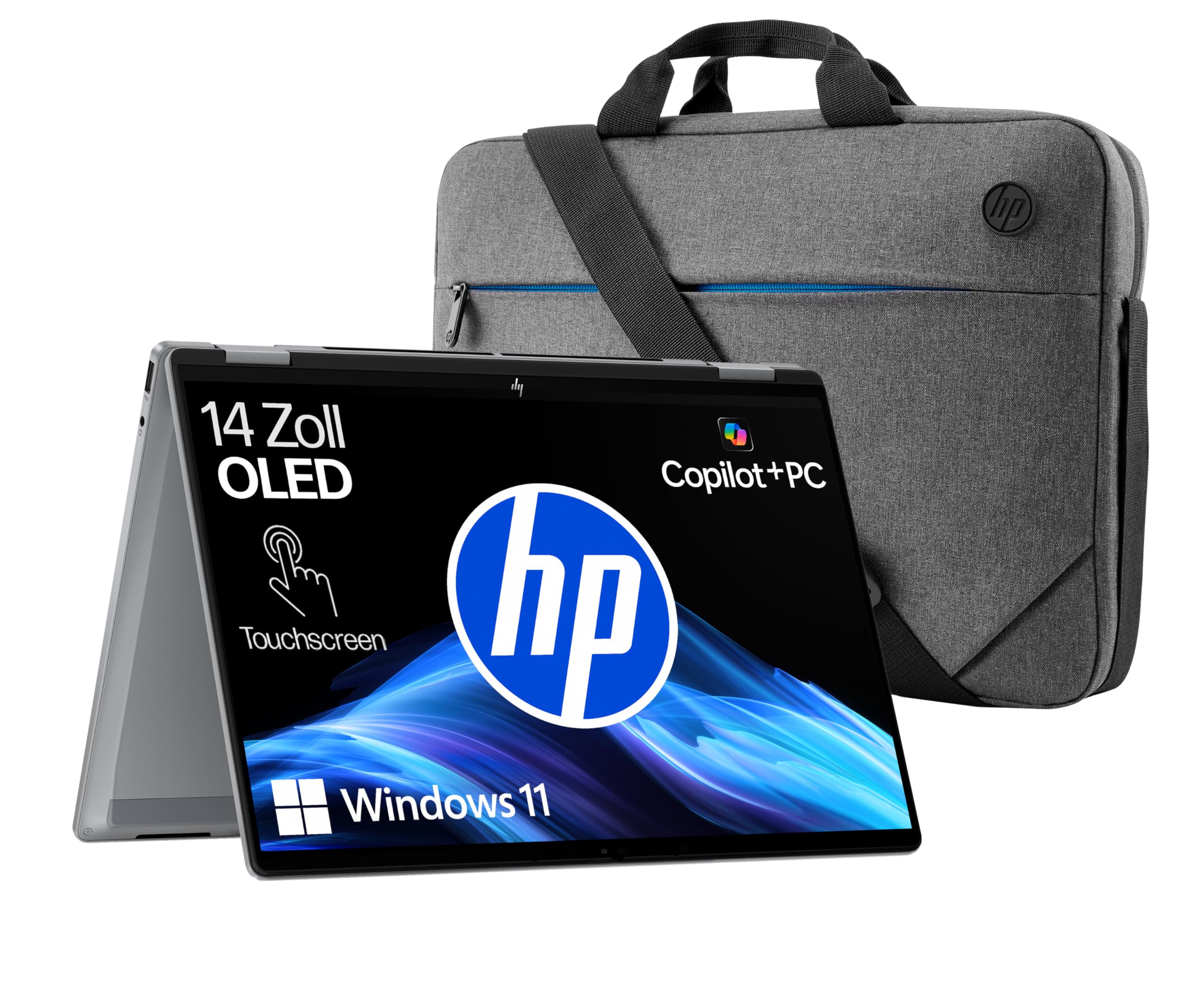 HP OmniBook X Flip 2in1 Next Gen AI Laptop, 14 Zoll WUXGA Touchscreen, AMD Ryzen AI 7 350 (8C) 50 TOPS NPU für KI, Copilot+ PC, 16 GB RAM, 512 GB SSD, Win11, QWERTZ, Silber + HP Laptop-Tasche