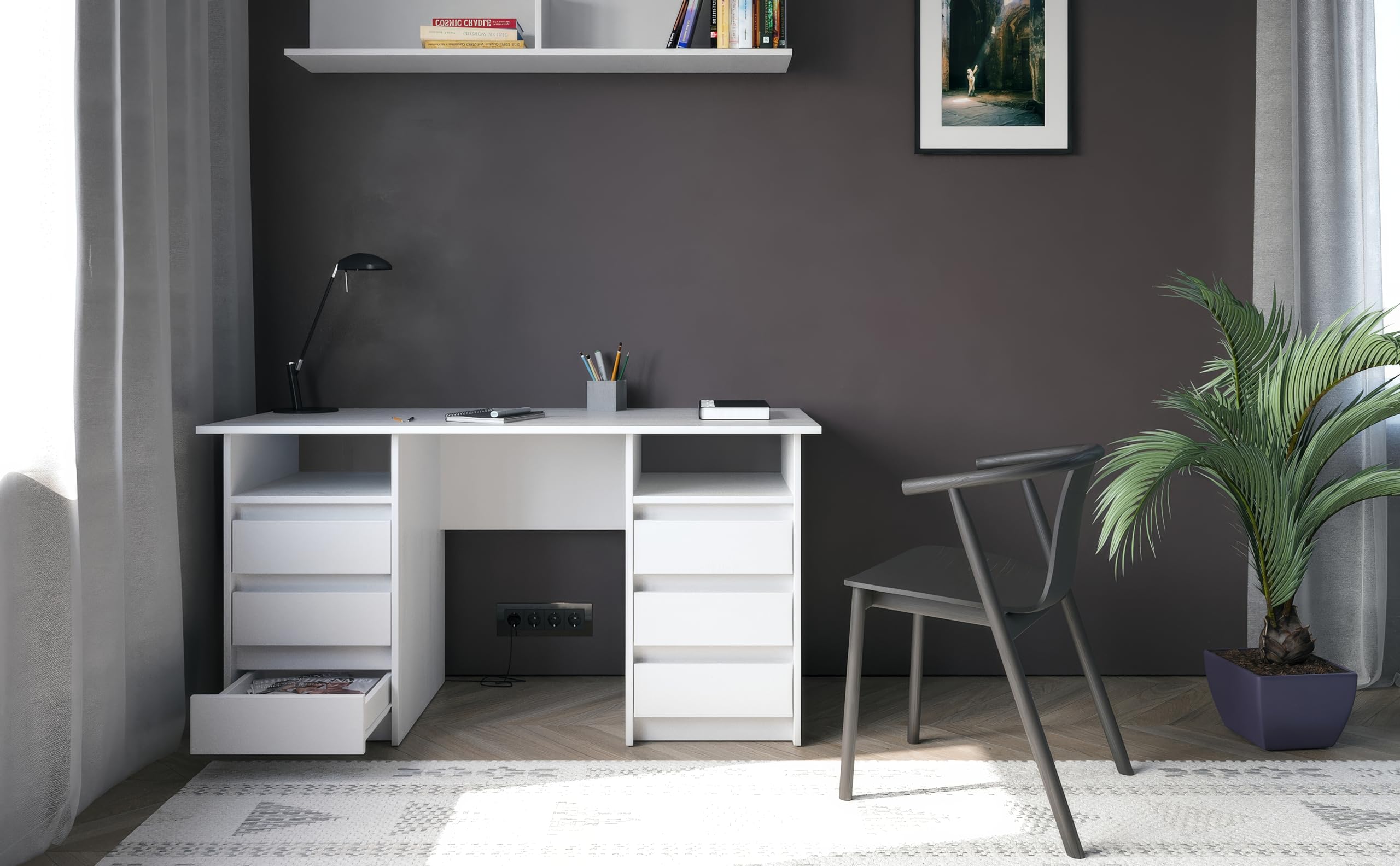 KOMTO Schreibtisch mit Schubladen - Oslo 140 x 60 x 74 cm Moderner Schreibtisch Weiß Bürotisch Computertisch Arbeitstisch Büro PC-Tisch Kinderschreibtisch mit Stauraum