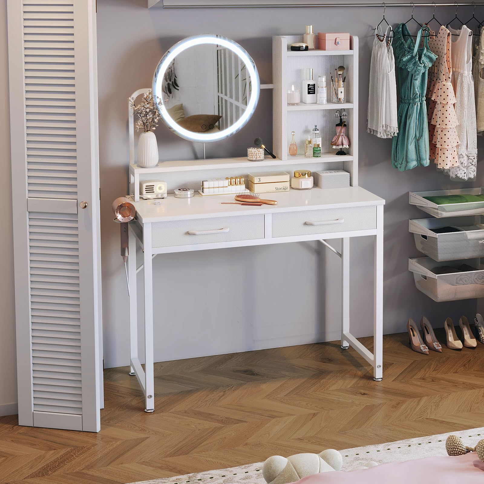ODK Schminktisch mit LED-Lichtern, Verstellbare Helligkeit & Höhenverstellbar für 120-180 cm, 2 Stoffschubladen, 80×40×136cm, Weiß+Weiß