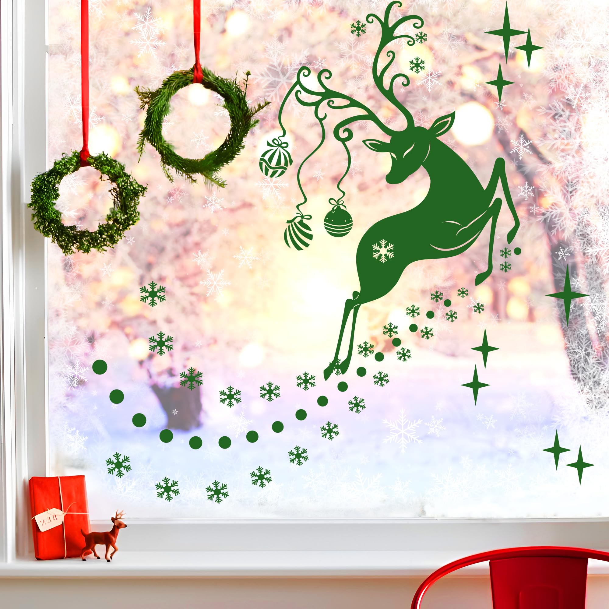 Durable Vinyl Christmas Window Stickers, Double Sided Santa Reindeer Snowflake Decoration, Removable Rudolf Xmas Decals Home Office Shop Window Wall Party Décor, for 1-1.2M Window, Racing Green