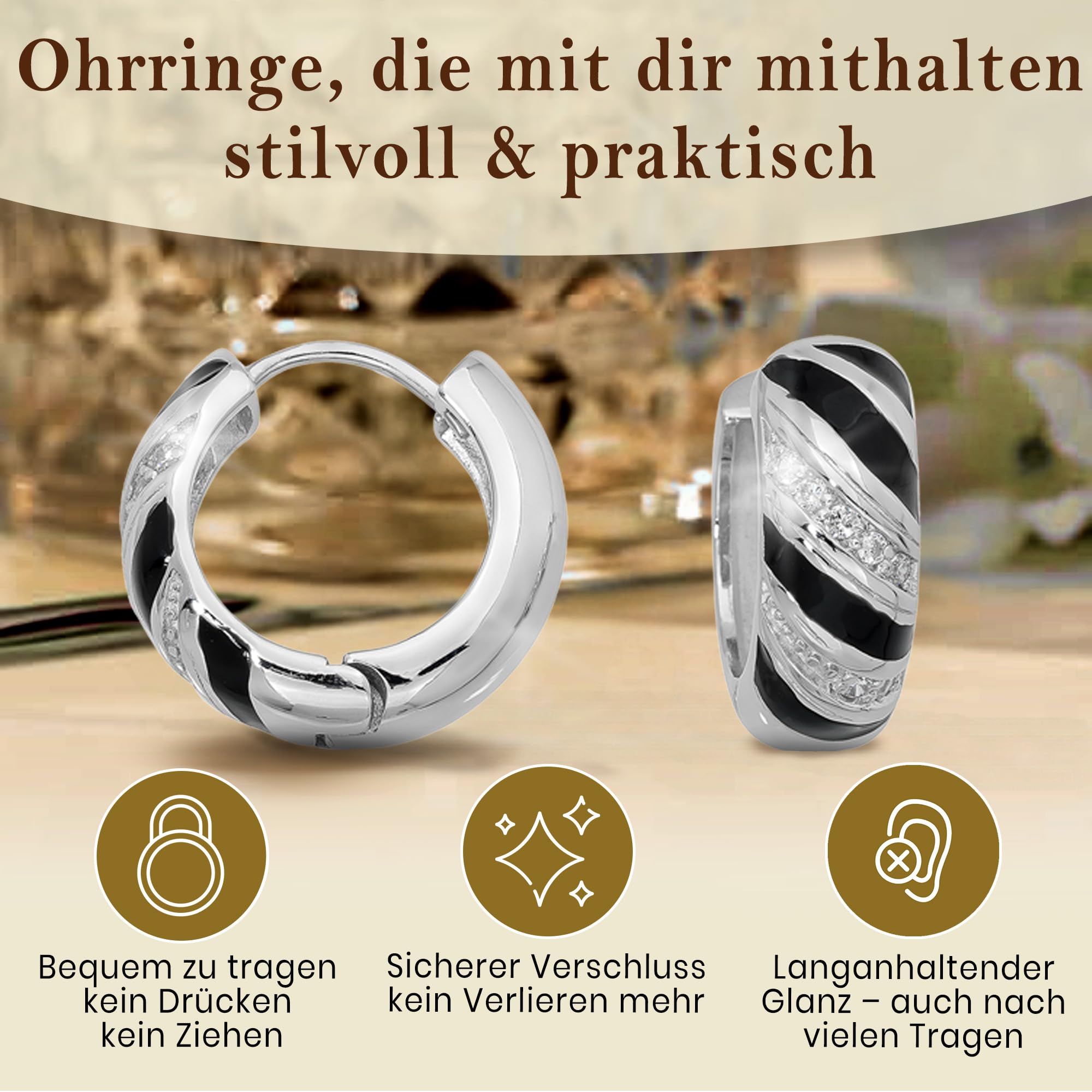 Cassini | Creolen mit Zirkonia-Kristallen, elegante Damenohrringe, breite Creolen mit schwarzen Streifen, ⌀ ca. 20 mm 3CSJ