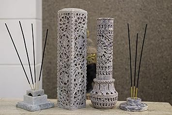 KC KULLICRAFT Handcrafted Natural Soapstone Marble Incense Agarbatti Stand Combo for Puja Set of 2 with 12 Chandan Fragrance Sticks