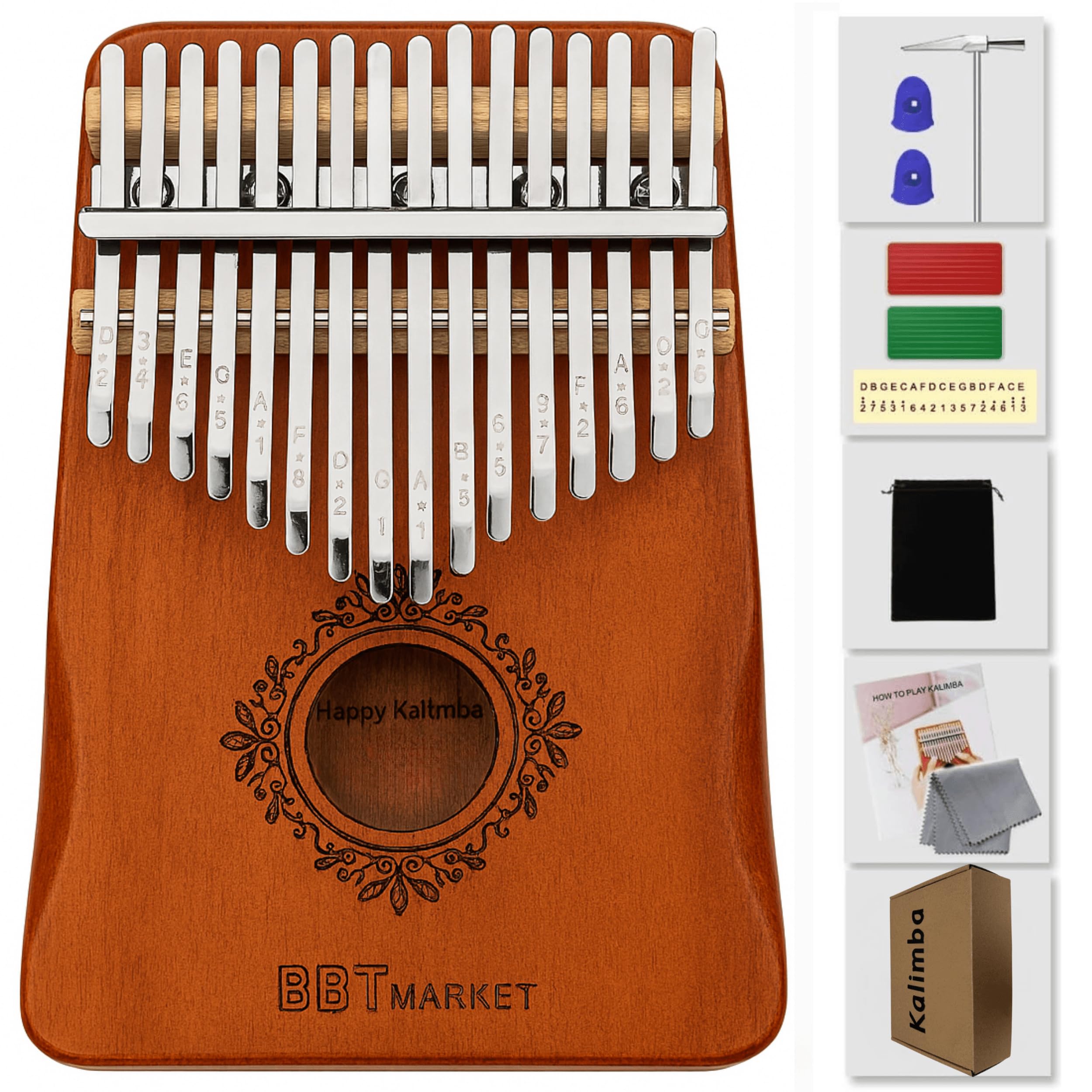 Vintage Kalimba Set 8-teiliges Fingerklavier 17 Tasten Massivholz inkl. Tasche Stimmhammer Zubehör