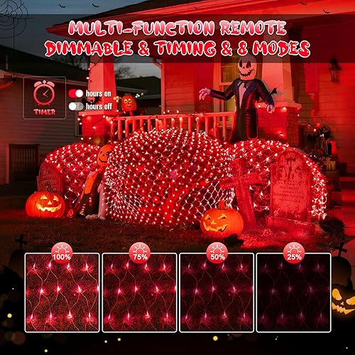 Miniatura 2 de JMEXSUSS 200 luces LED rojas de red de Navidad, 9.8 pies x 6.6 pies, luces de arbusto de Navidad conectables con control remoto, 8 modos de enchufe,