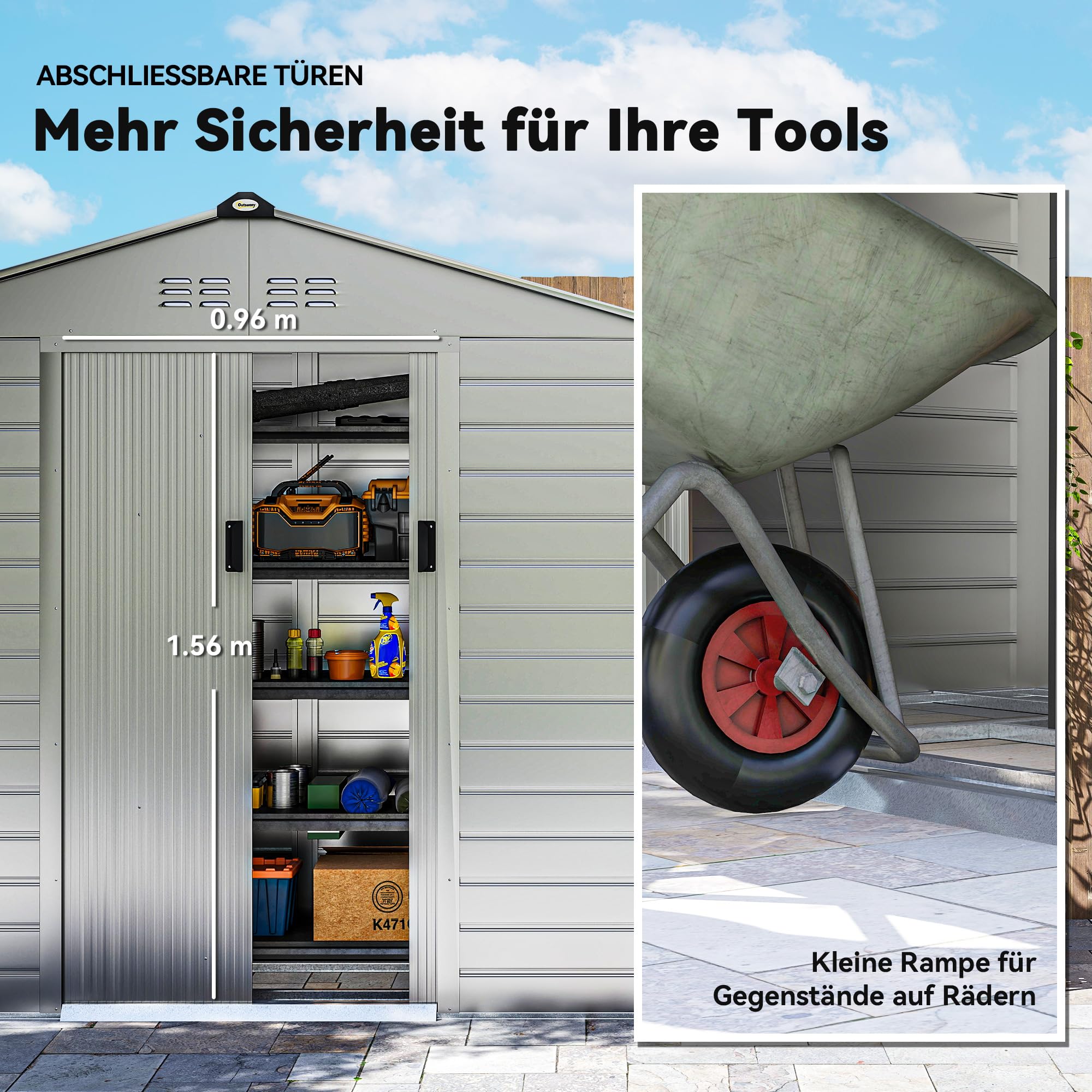 Outsunny Verzinkter Stahl Gerätehaus 2,43㎡ 213x131x192cm Geräteschuppen mit Satteldach, Schiebetür, wetterfest Gartenhaus Grau