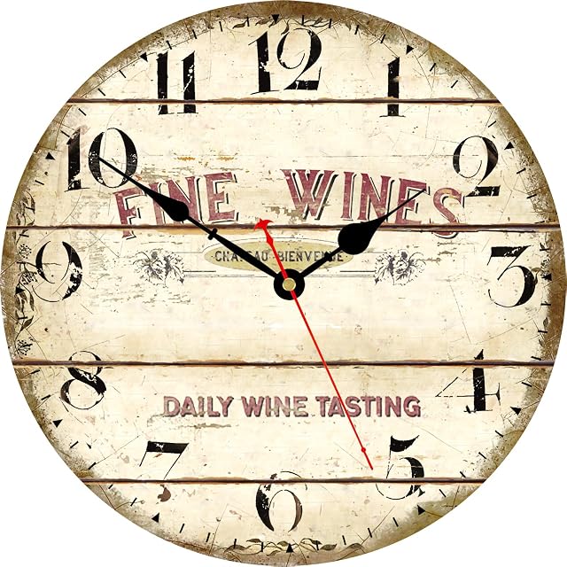 Toudorp Silent Wall Clock Round Non Ticking Wooden Quartz Wall Clocks Rustic Country Vintage 14 Inch Wall Clock Battery Operated Easy to Read Home Decorative Wall Clock (Daily Wine Tasting)