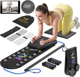 Pilates Reformer Board, 7-in-1 Foldable Pilates Board Kit with Timer, Guided Home Workouts w Resistance Bands & Ball - at Home Pilate Reformer AB Core Machine, Exercise Fitness Slider Equipment