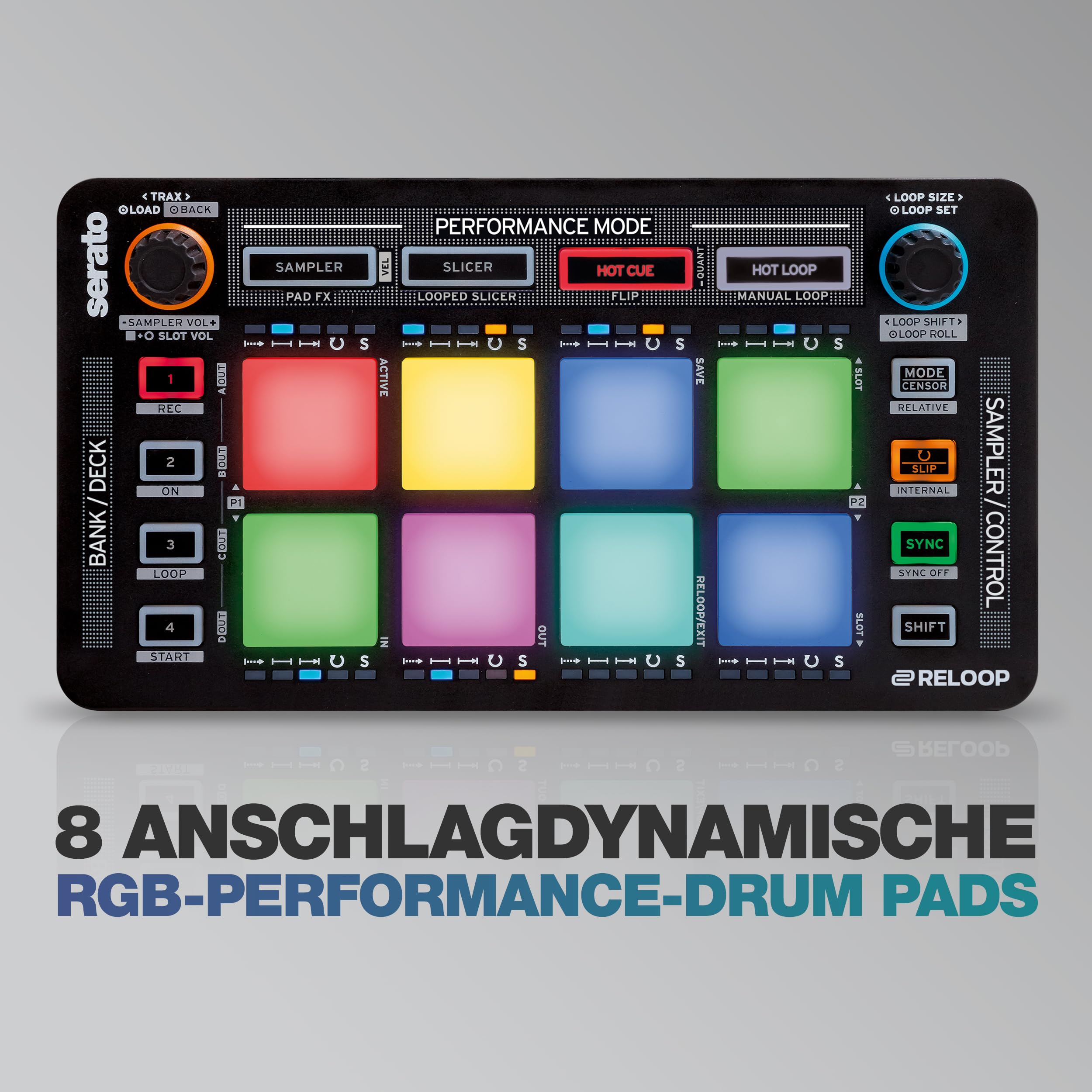Reloop Neon - DJ MIDI Pad Controller mit 8 anschlagdynamischen RGB-Performance-Drumpads, Plug and Play mit Serato DJ Pro, (schwarz)
