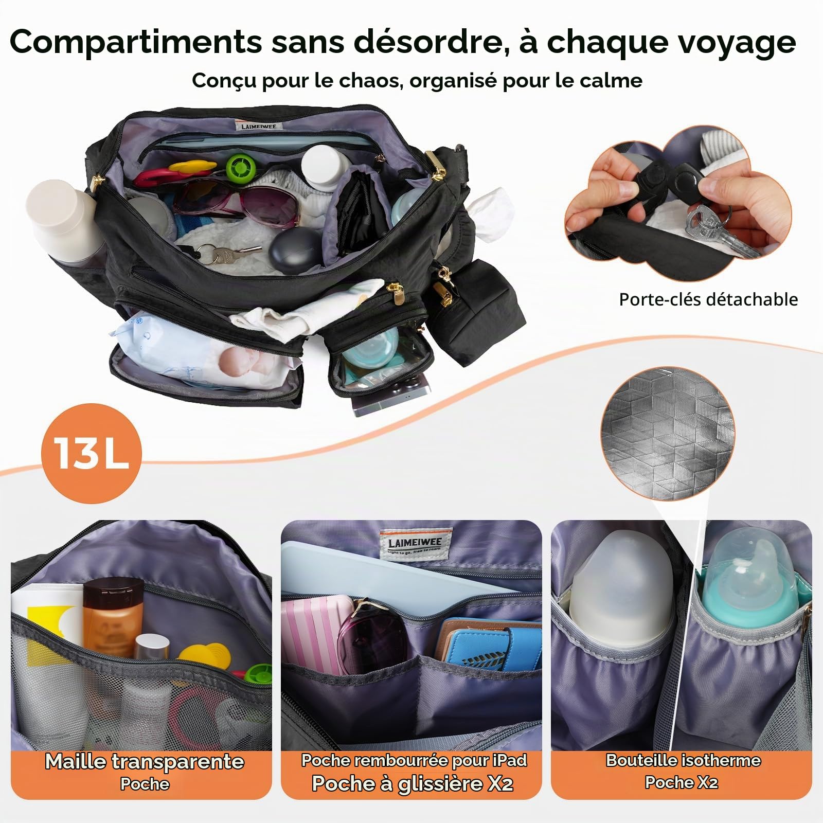 Sac à Langer Bouffant 2-en-1, Organisateur Poussette & Sac Bandoulière, 13L Léger, Sac de Voyage Bébé, Travail, Sport, Maternité