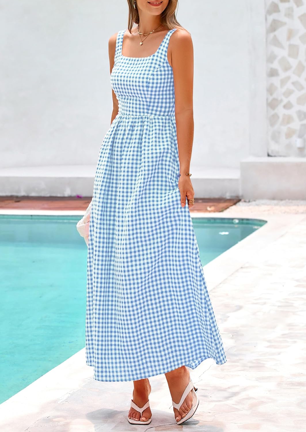 PRETTYGARDEN Women's 2026 Summer Spaghetti Strap Maxi Dresses Plaid Square Neck A Line Casual Beach Vacation Long Sundress - Image 4