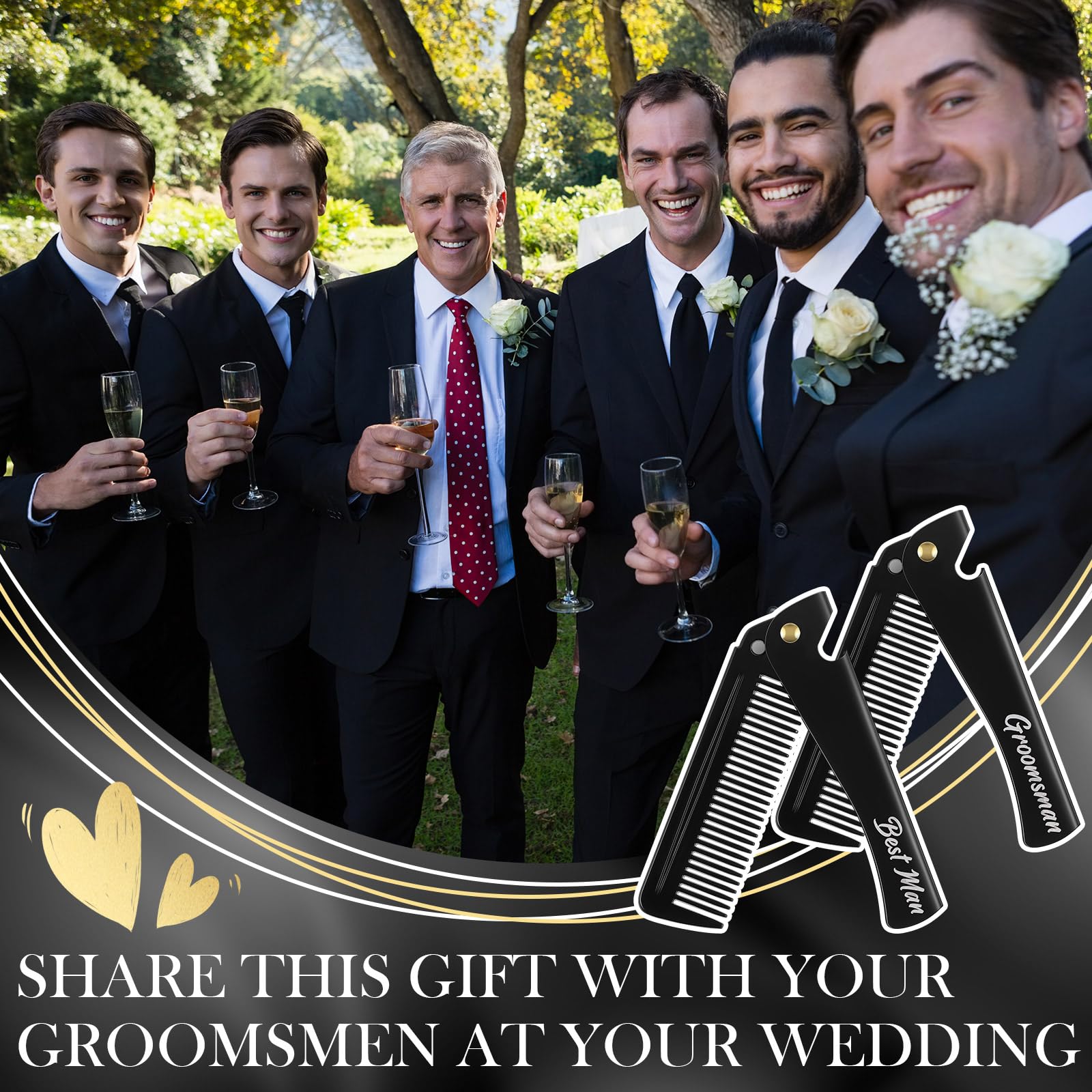 6 Pcs Groomsmen Gifts Folding Beard Comb for Men with Opener Groomsmen Gift Set of 6 Best Man Proposal Gift Combs Hair Mustache for Wedding Party Favor Grooming Detangling(Stainless Steel,Black)