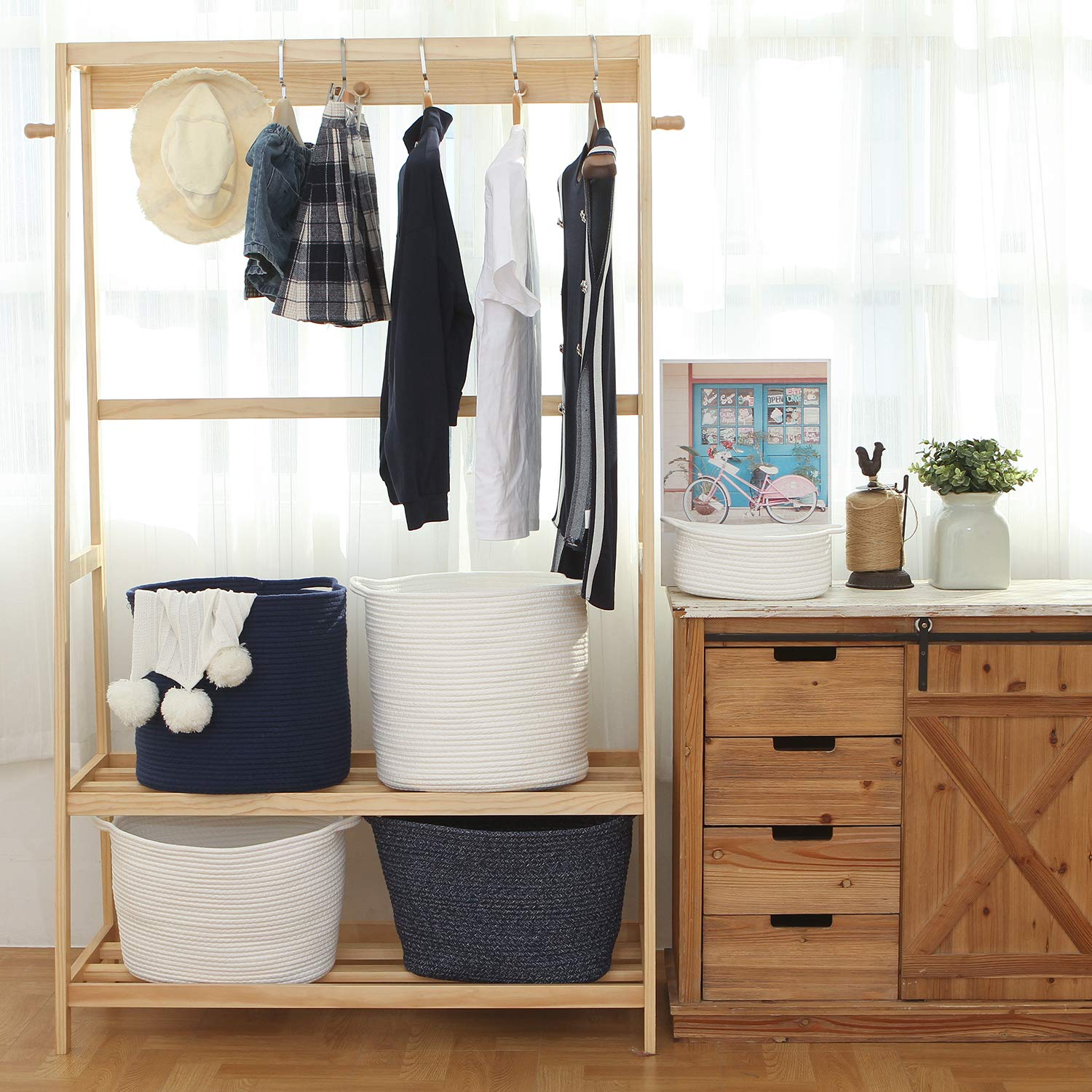 Sea Team Medium Size Cotton Rope Woven Storage Basket with Handles, Laundry Hamper, Trunk Organizer, Clothes Toys Bin for Kid's Room, 14 x 14 inches, Round Open Design, Dark Blue Medium/14 x 14" Dark Blue