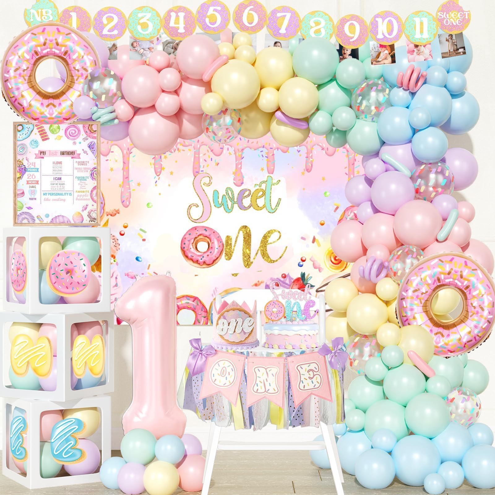 Hombae Sweet One Birthday Party Decorations – 141 PCs Donut Theme Party Supplies with Backdrop, Balloon Garland, Balloon Boxes, Monthly Photo Banner,