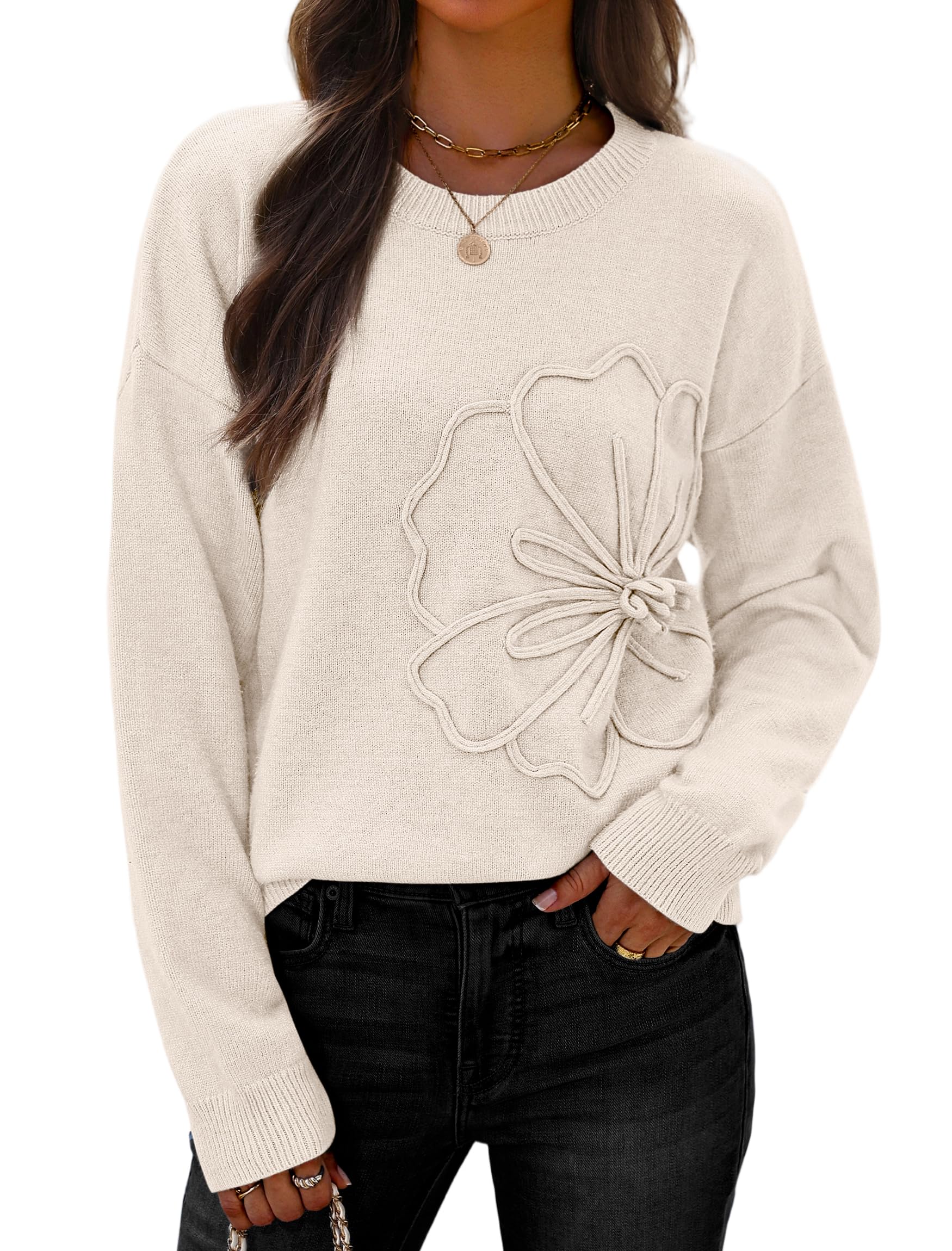 IWD 3D Floral Sweaters for Women Crew Neck Long Sleeve Pullover Sweater 2025 Fall Winter Cozy Knit Tops