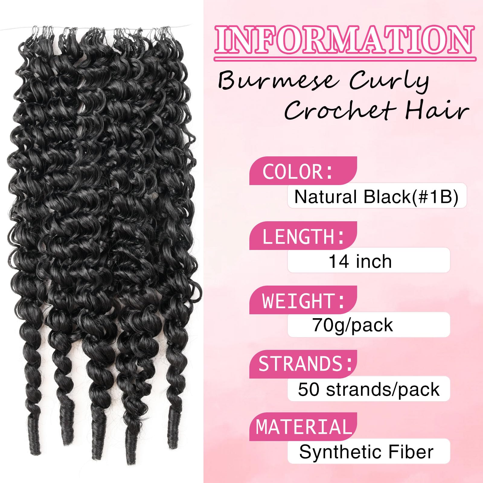 50 ciocche di capelli ricci birmani all'uncinetto, 35,5 cm, con piume, pre-loop, per donne nere, 70 g, invisibili, senza nodi
