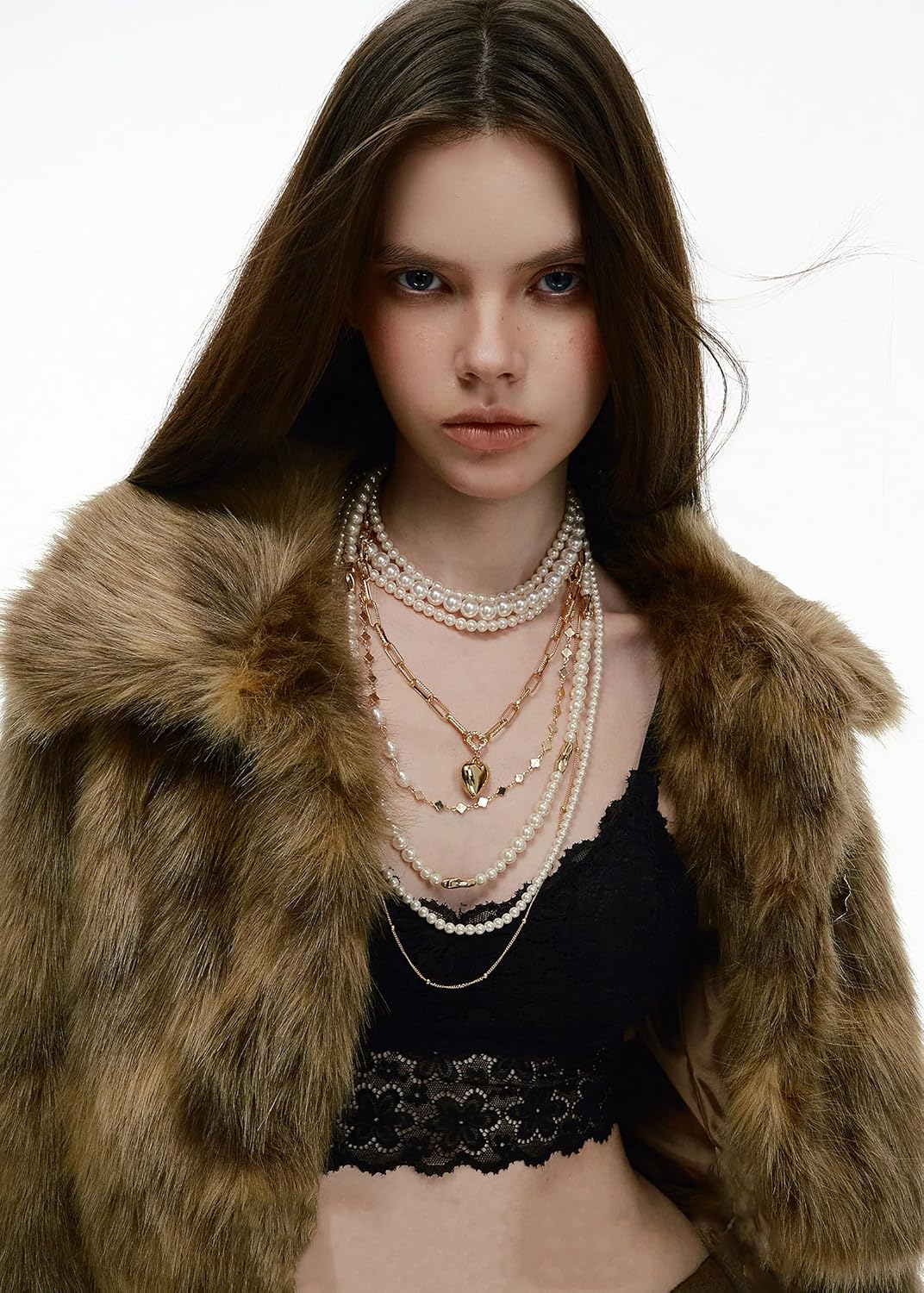 Boho Multi Strand Pearl Layered Necklace, Gold Paperclip Chain Heart Pendant, Stackable Choker for Party Rave Daily Wear