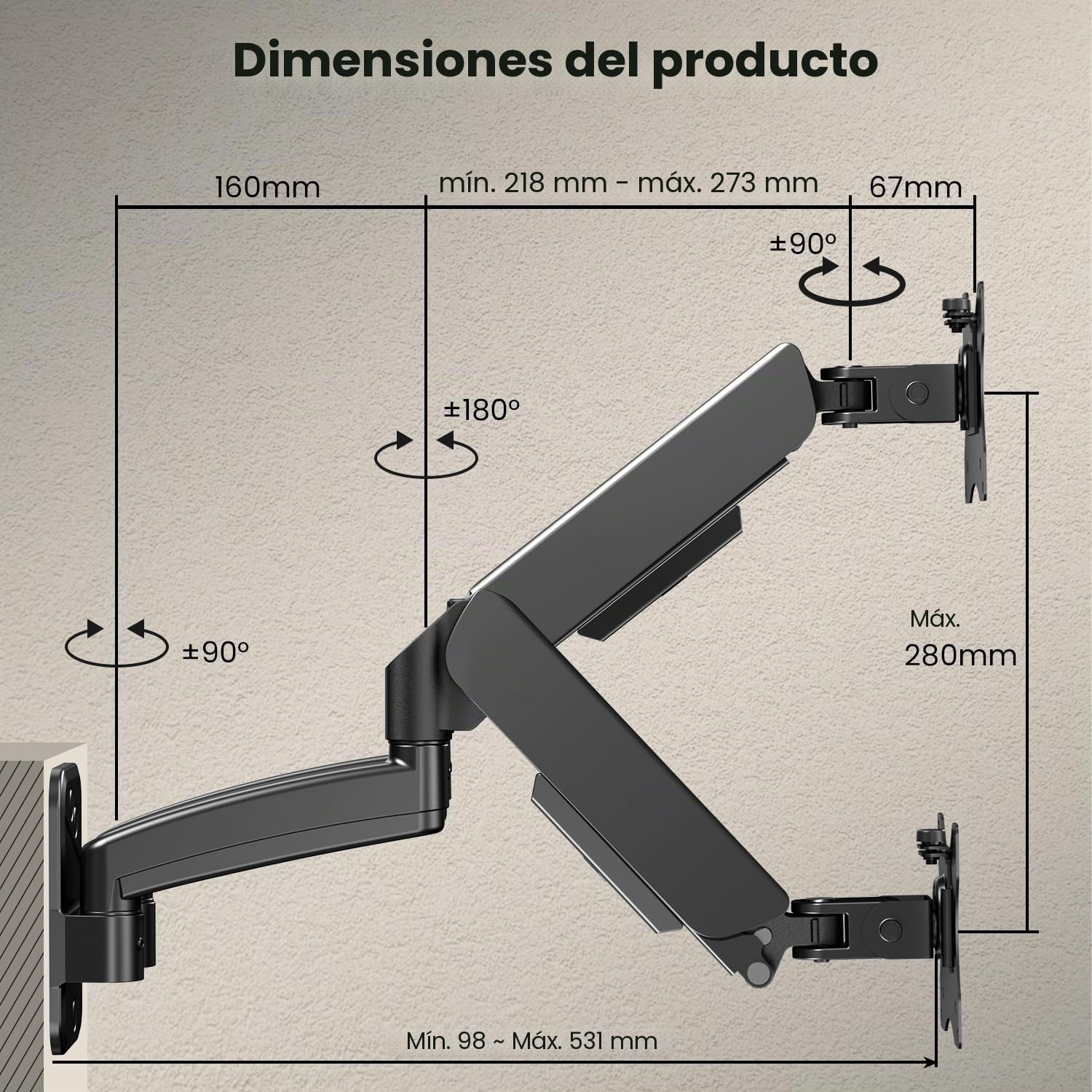 Soporte de Pared para 2 Monitores 17-32 Pulgadas, 9 kg/Brazo, VESA 75x75/100x100, Ajustable en Altura
