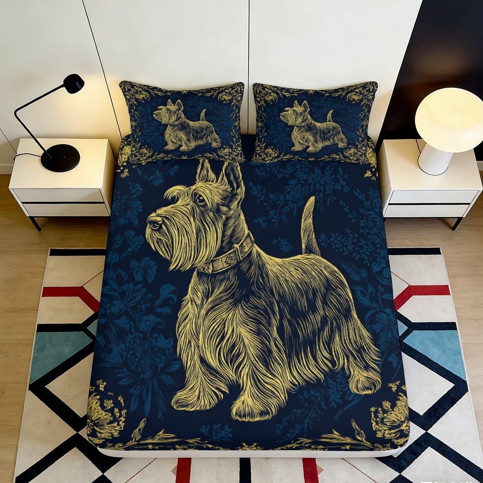 3D Printed Scottish Terrier Design Fitted Sheet Microfiber Deep Pocket Bedroom Bedding Scottish Dog Mattress Fitted Cover 180x200x25cm