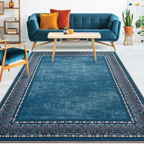 Antep Rugs - Alfombras con bordes modernos de 4 x 6 antideslizantes (antideslizante) con respaldo de goma de bajo perfil para interiores (azul