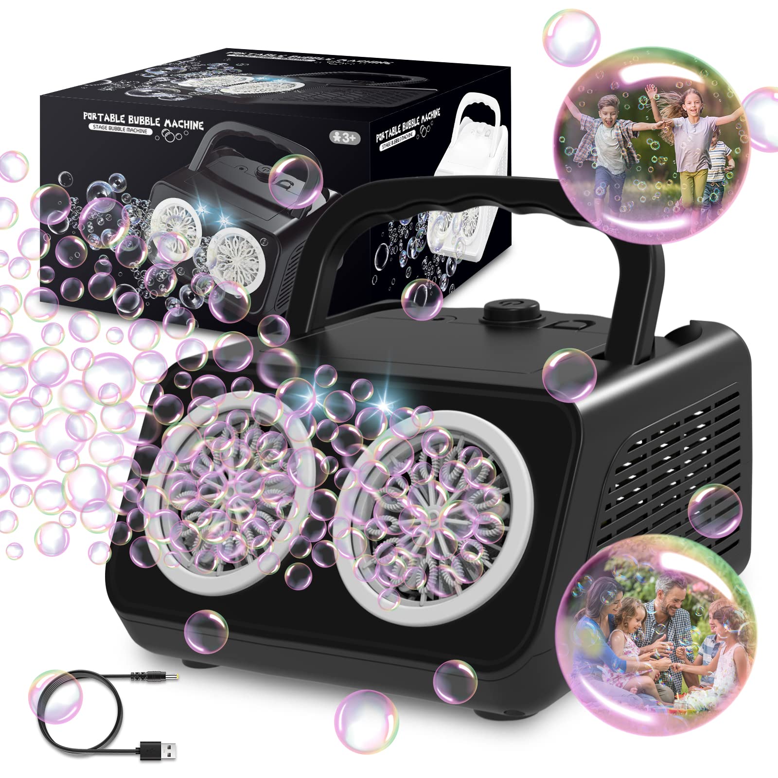 PANACARE 2.0 Máquina automática de pompas de jabón, portátil Bubble Machine 20000+ burbujas/min con agua de burbujas, 26 agujeros, regalo para niños, bodas, cumpleaños, escenarios, fiestas (negro 553)