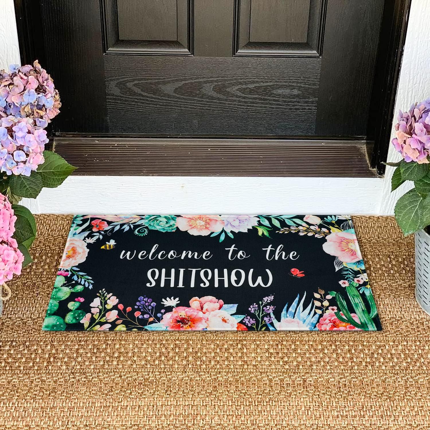 Funny Doormat Decorative Welcome Doormats,Black Mat Non-Slip Welcome to The Show for Indoor Outdoor Home Decoration, Durable Rug, Low-Profile Cactus Funny Mat Entryway Front Porch Decor, 30" x 17"
