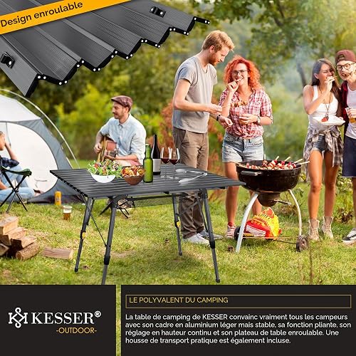 KESSER® Table de camping pliable avec cadre en aluminium - Plateau de table enroulable - Hauteur réglable - Avec sac de transport avec dragonne - 120 x 70 cm - Jusqu'à 30 kg - Anthracite - 8