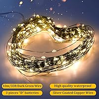 Vista 3 de Miniluces de hadas parpadeantes con pilas, 1 paquete de 200 luces LED de 33 pies, cable verde oscuro, luciérnaga estrellada, luces LED blancas