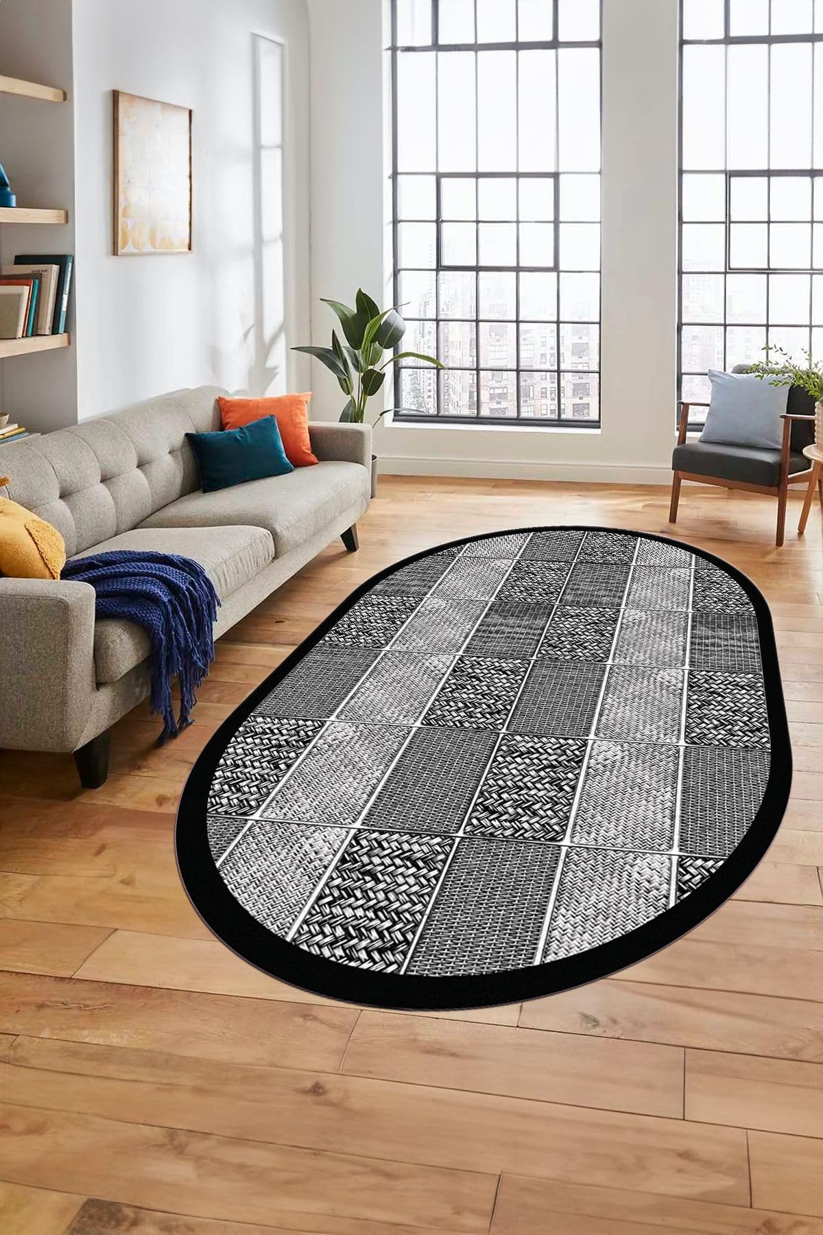 Evdeya Dijital Kaymaz Taban Yıkanabilir Jüt-Hasır Desenli Oval Mutfak Yolluk Salon Halısı O-JÜT-02, Gri, 60 x 100