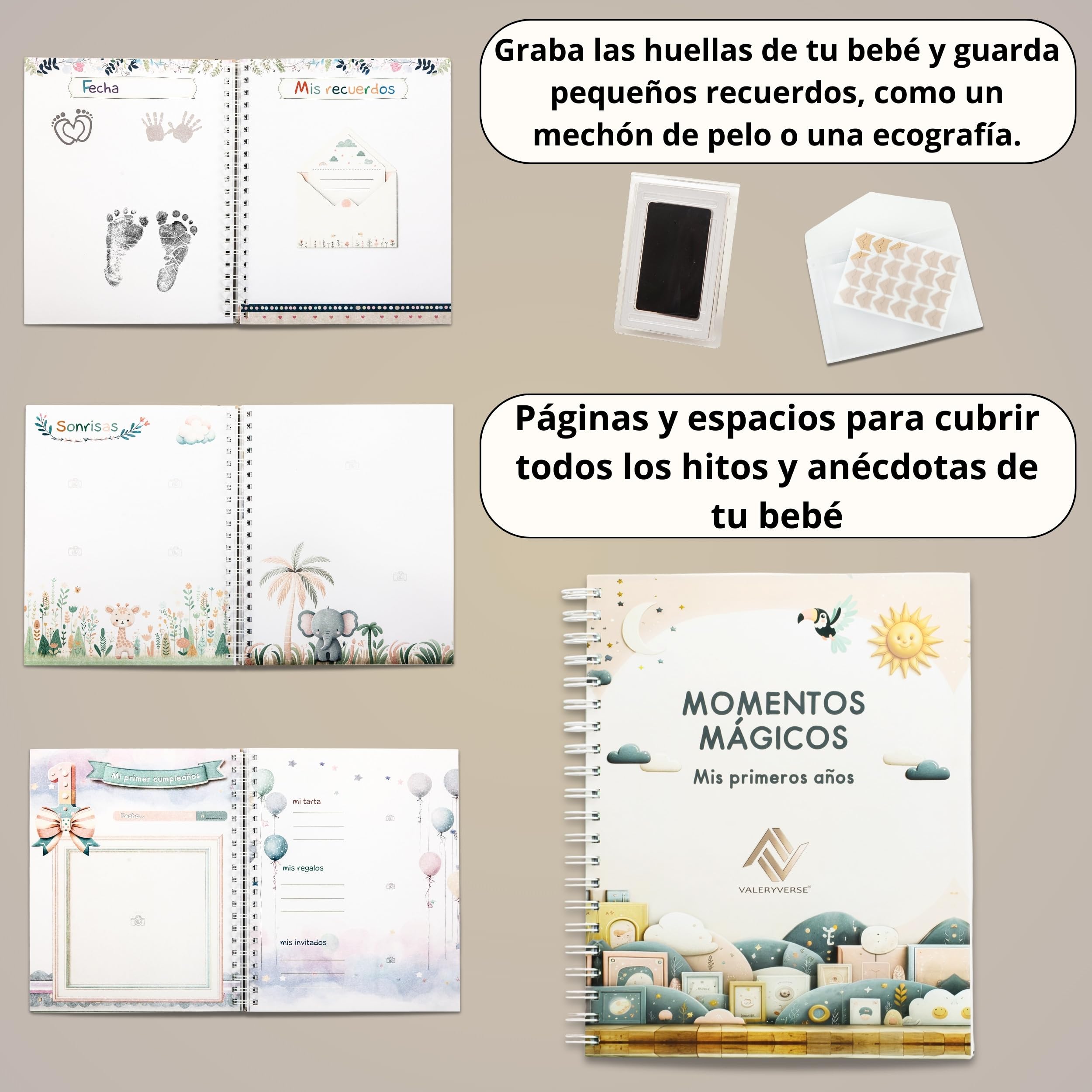 Libro de Recuerdos para Bebé - Álbum Primer Año del Bebe, Kit de Huellas, Esquinas adhesivas para Fotos y Sobre para Recuerdos -Unisex- Regalo Original - Incluye Guia para Padres Primerizos