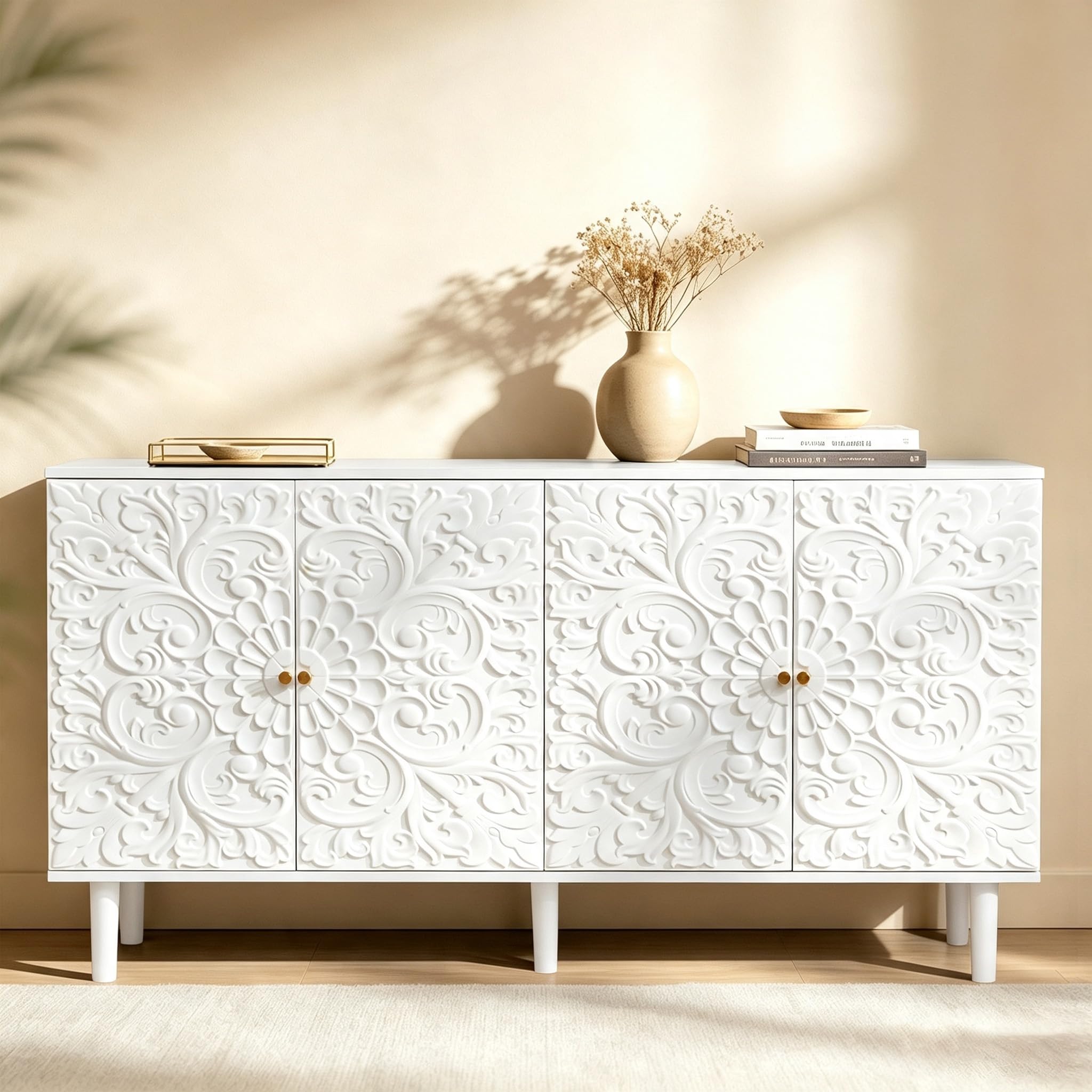 59" Buffet Cabinet with Storage, Floral Embossed 4 Door Sideboard (White)