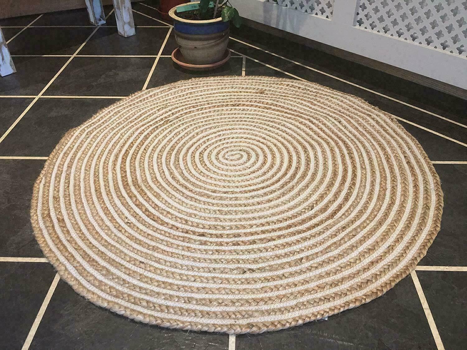 Tapis jute et coton tressé main beige blanc 360x360 salon cuisine couloir