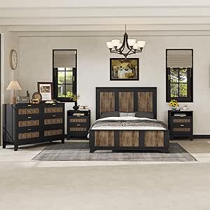 Amazon.com: 4 Pieces Bedroom Sets Full Size Farmhouse Platform Bed with Wooden Strip Decoration ...