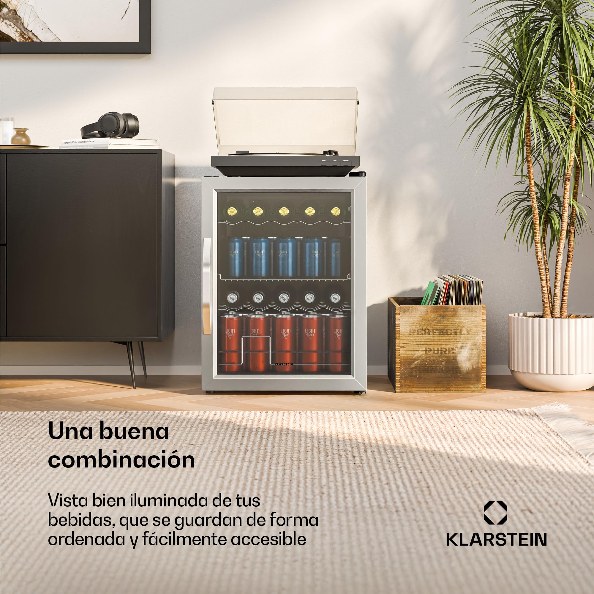 KLARSTEIN Beersafe 60 L Mini Nevera con Puerta de Cristal – Nevera para Bebidas, Plata | luz LED, estantes metálicos extraíbles, silenciosa, nevera para cerveza y bebidas, latas y botellas