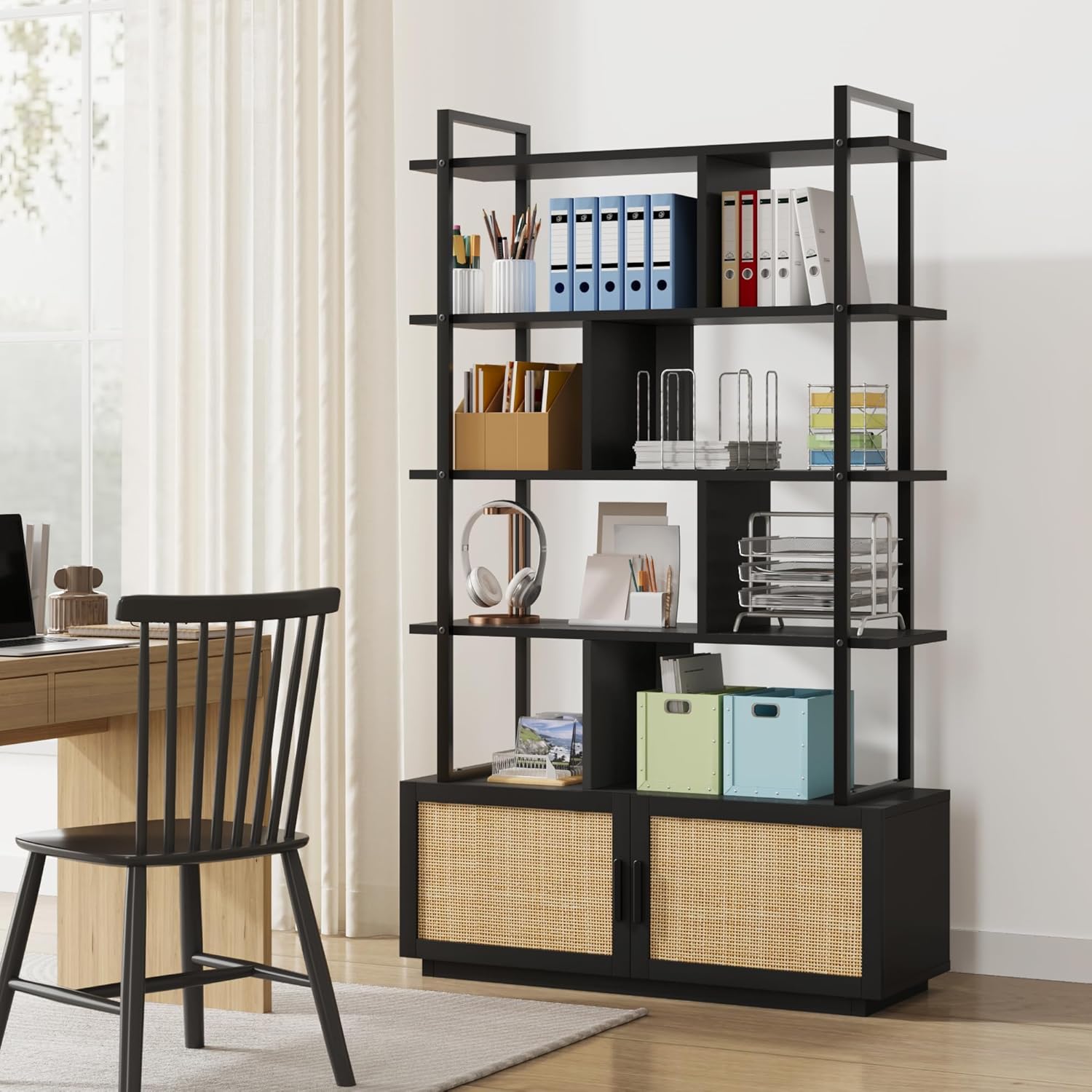 Rattan Book Shelf 5 Tier Bookcase with Storage Cabinet & Door Industrial Bookshelf Wood and Metal Storage Organizer Display Standing Shelf Unit Bookshelves for Living Room, Bedroom, Home Office