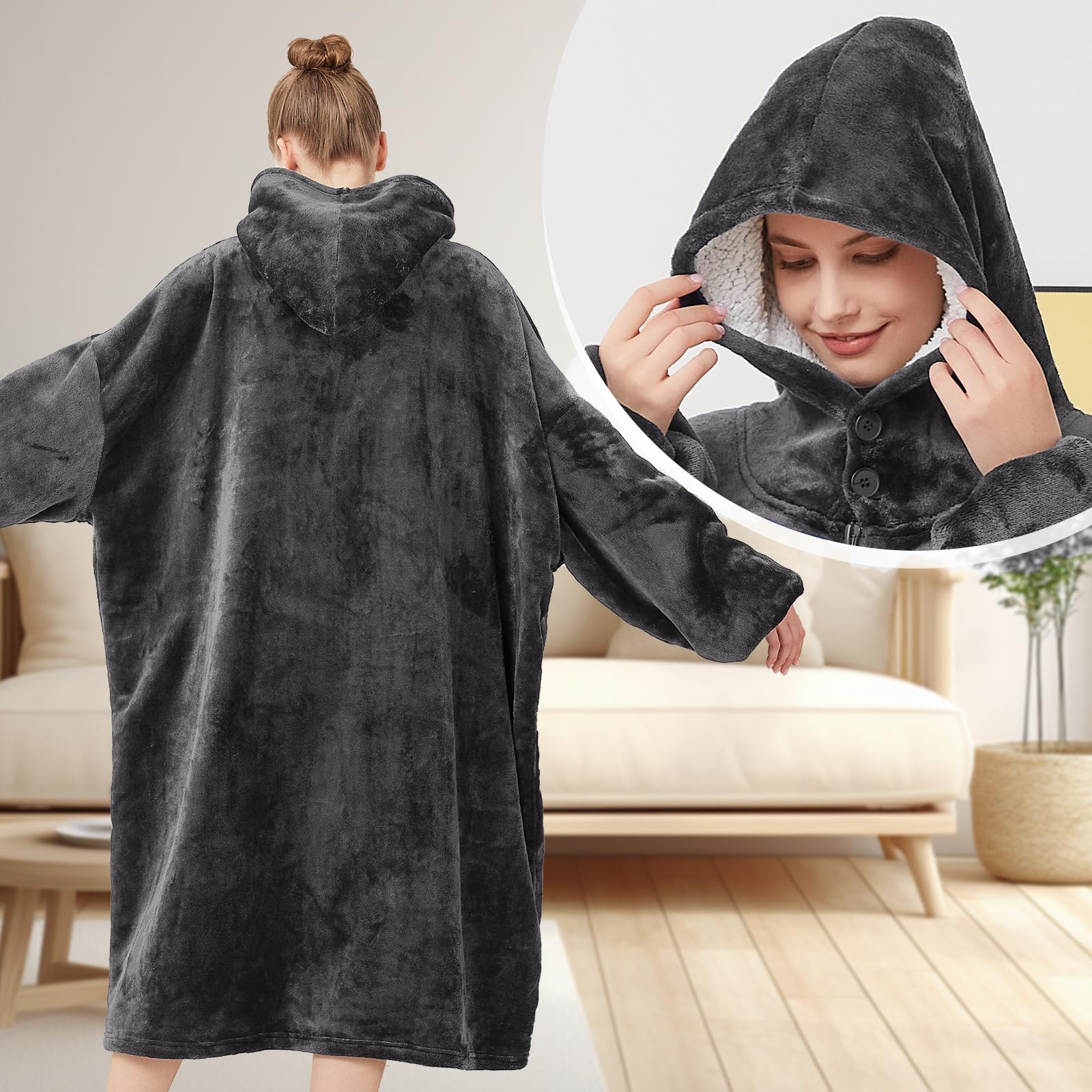 Sudadera con Capucha Manta Usable para Mujeres Hombre Sherpa Sudadera de Gran Tamaño Mantas con Mangas Bolsillo para Adultos Gris oscuro
