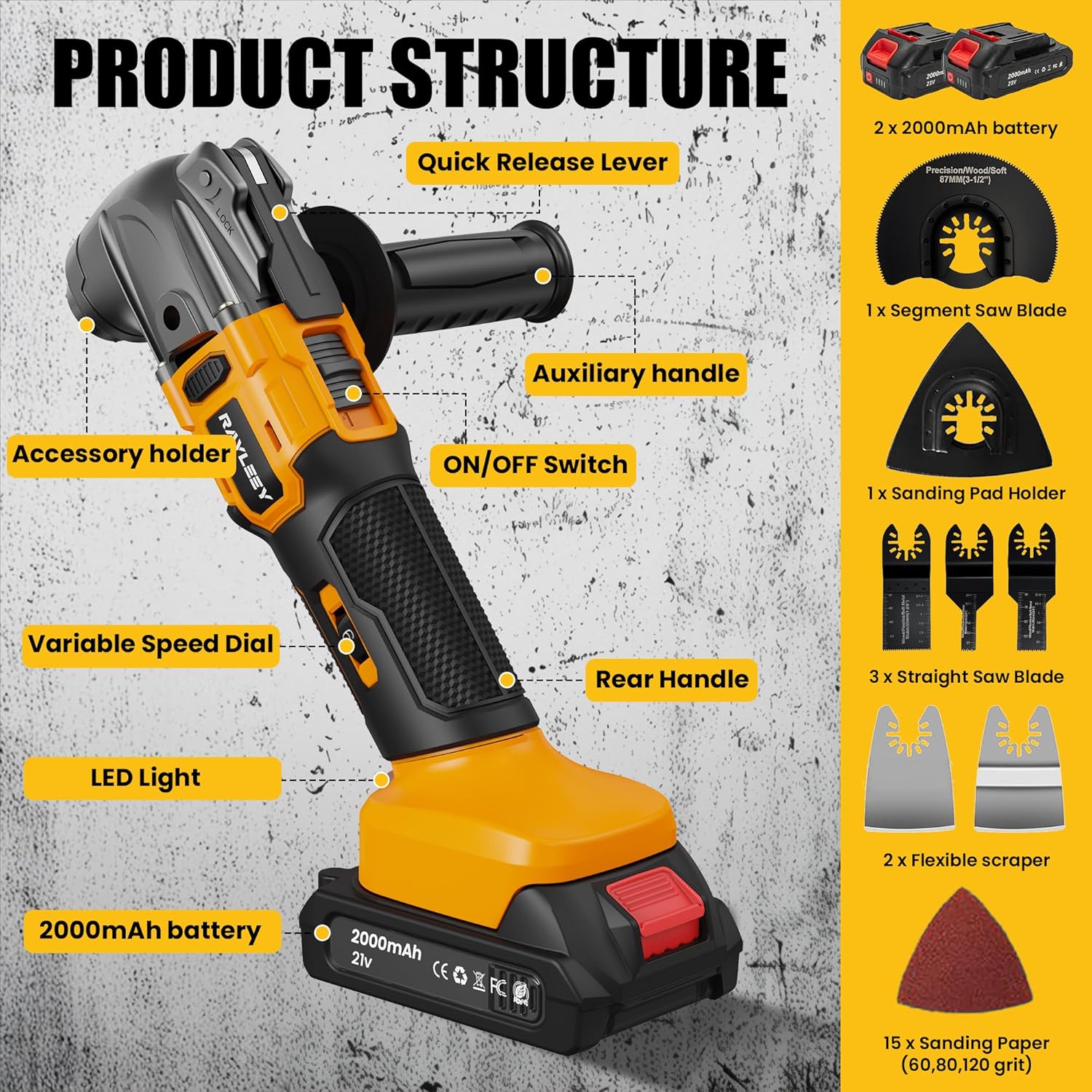 Cordless Oscillating Multi-Tool Kit with 2 Batteries, Brushless Motor, 6 Speed, 4° Oscillation Angle, 22PCS Accessories, for Cutting/Grinding/Sanding