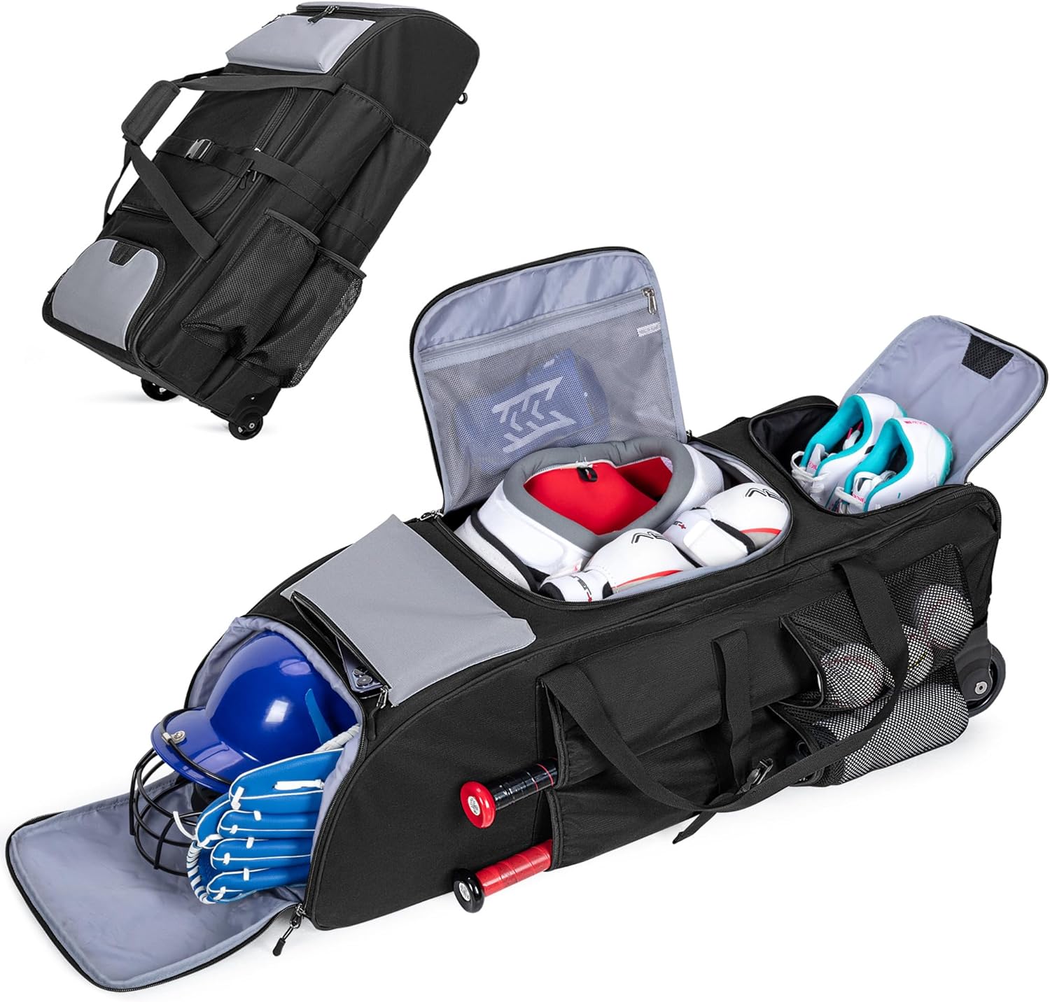 Rolling Baseball Bag with Wheels for 4 Bats, Softball Equipment Bags with Shoe Compartment and Glove Pocket, Large Baseball Catchers Gear Bag with Hook