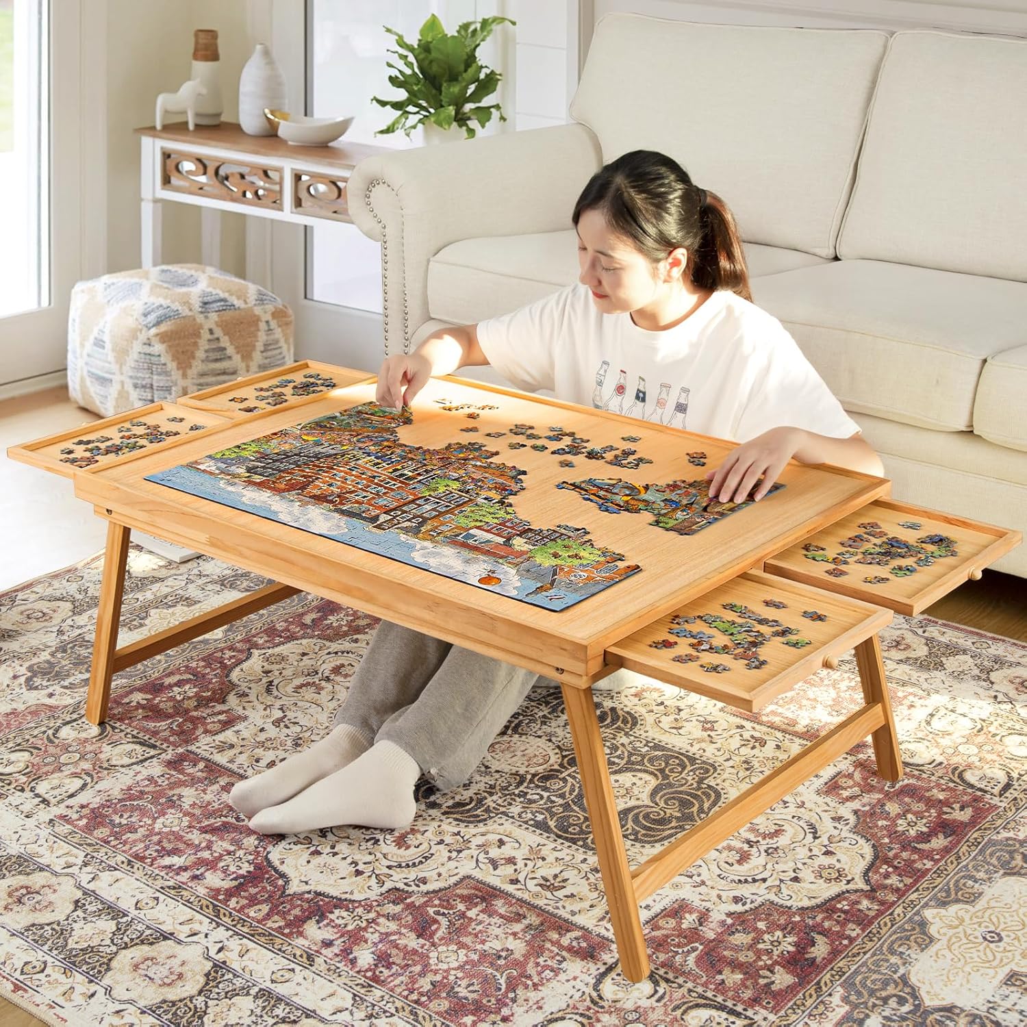 1500PCS Folding Puzzle Board with 4 Drawers, 34"x26" Solid Wood Jigsaw Board with Legs & Protective Cover, Portable for Adults, Natural