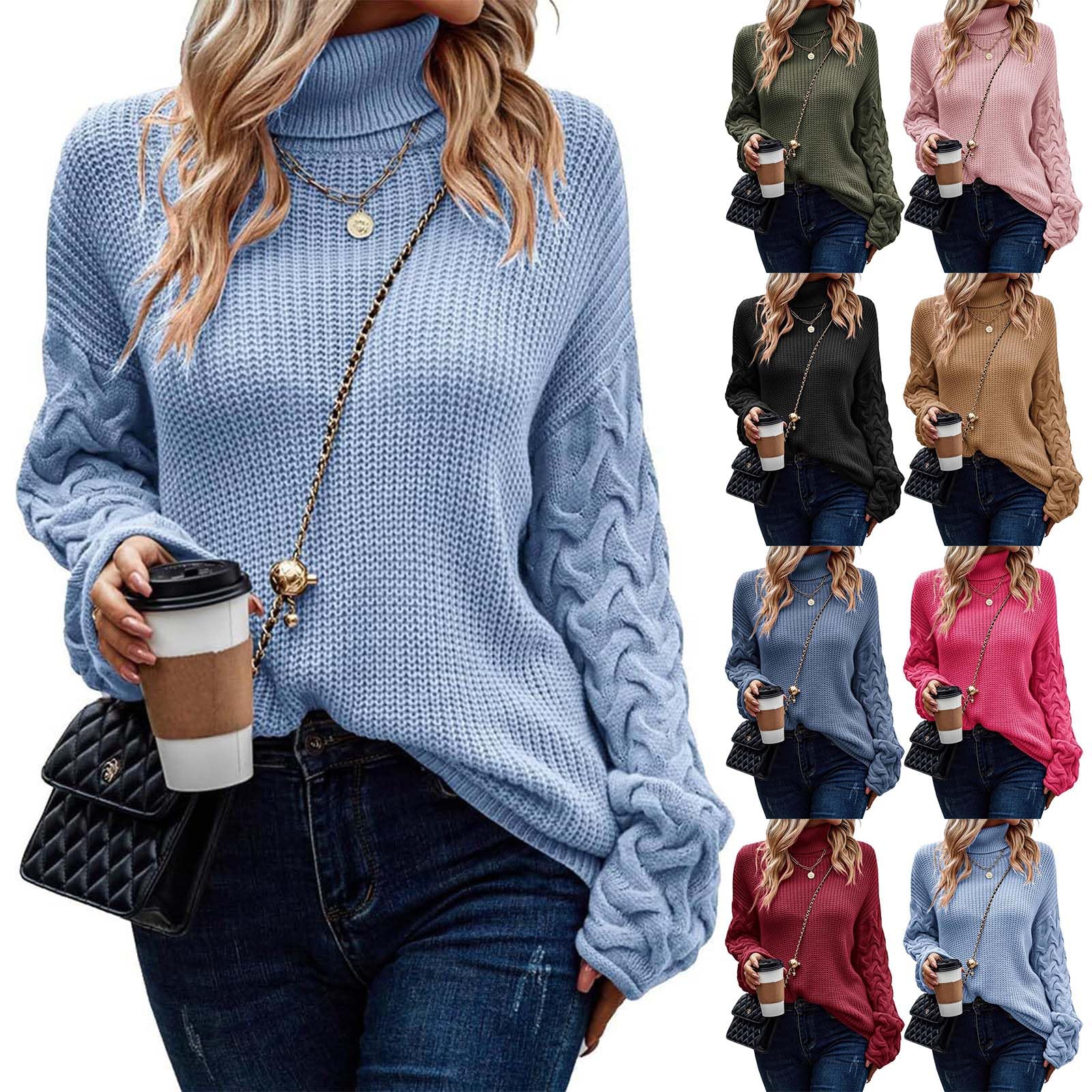 Greabuy Maglione lavorato a maglia a trecce a tinta unita da donna a maniche lunghe autunno inverno pullover felpa per donna maglione casual camicie da donna maglioni da donna felpe a maglia leggere,