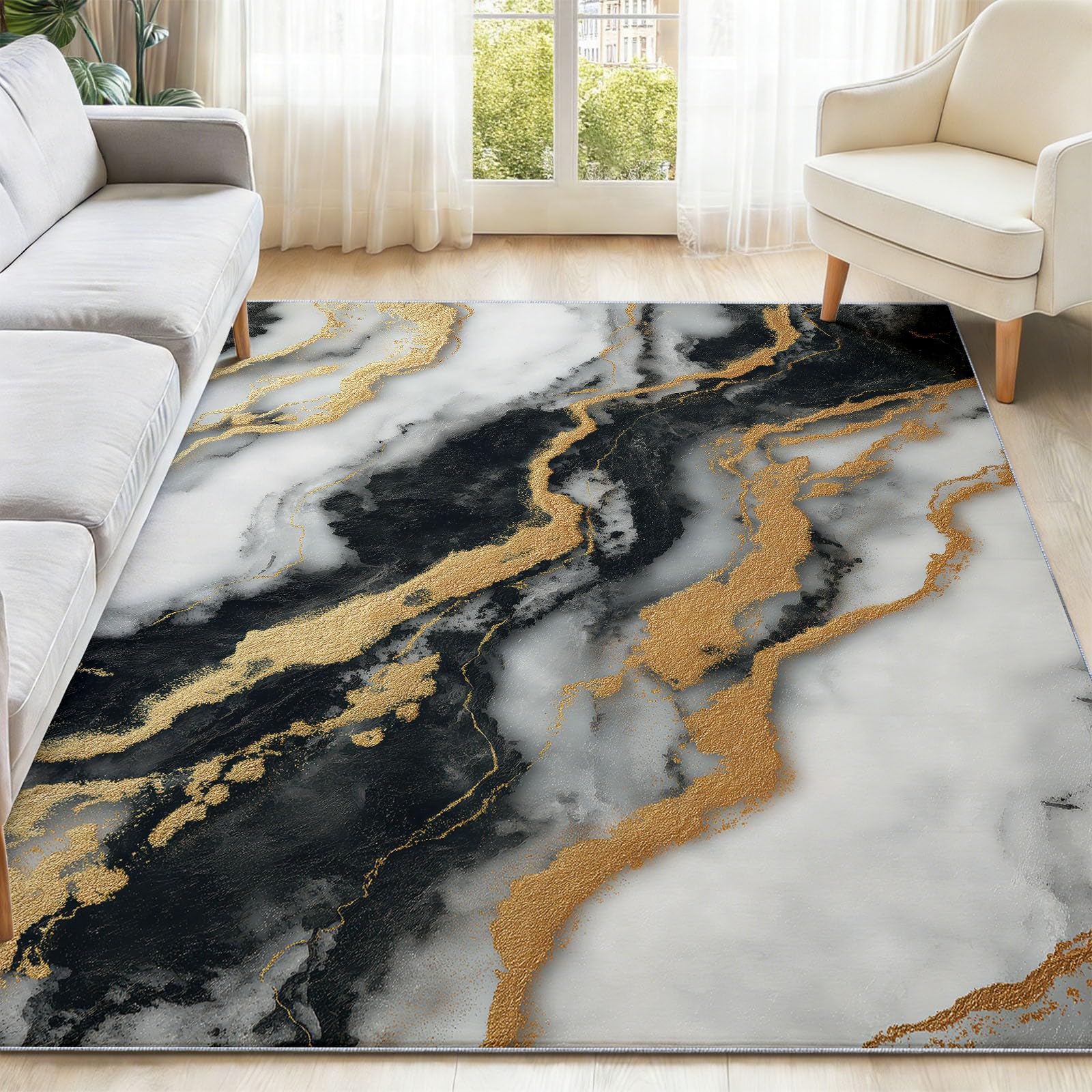 Dywan do salonu, można prać w pralce, dywan 80 x 150 cm, dywan antypoślizgowy, luksusowy czarny marmur złoty liść, niskie runo, nie gubi włosia, nadruk, do jadalni, domu, biura, sypialni