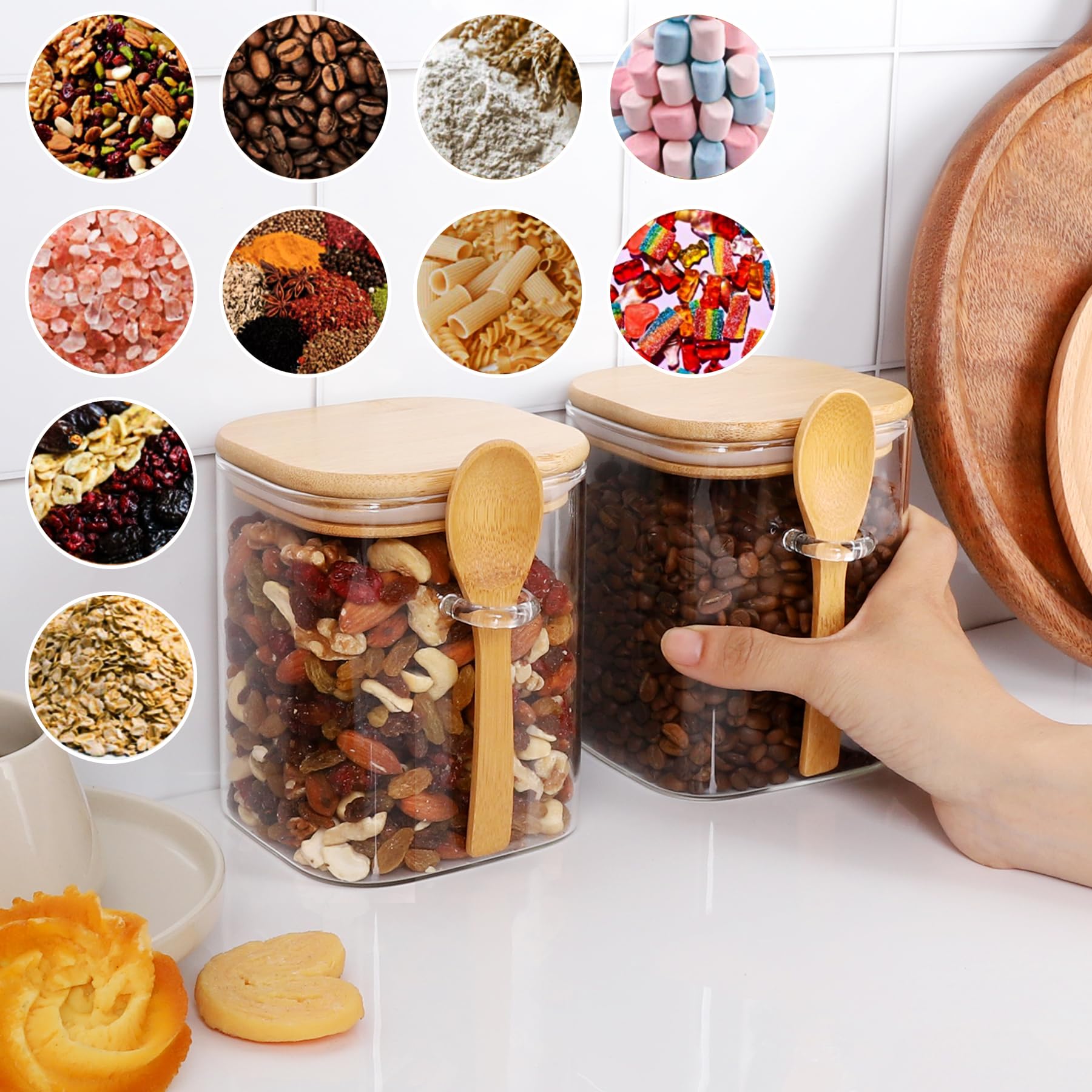 TIPGO Juego de 4 tarros de vidrio para almacenamiento de alimentos, de 27 onzas, recipientes de almacenamiento de vidrio transparente con tapas de bambú, tarro de organización de despensa, contenedor