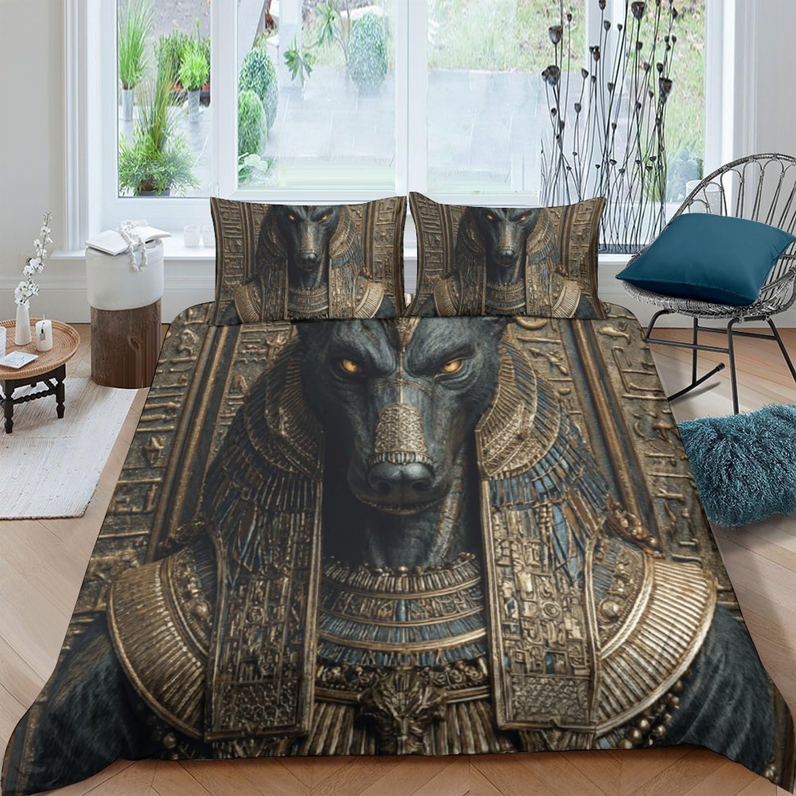 Ctjqhvkz Style-1 3D Printed Egyptian Anubis Fitted Sheet Microfiber Dark Gold Bed Cover For Bedroom Dorm Mattress Decor Protection Single（135X200cm）